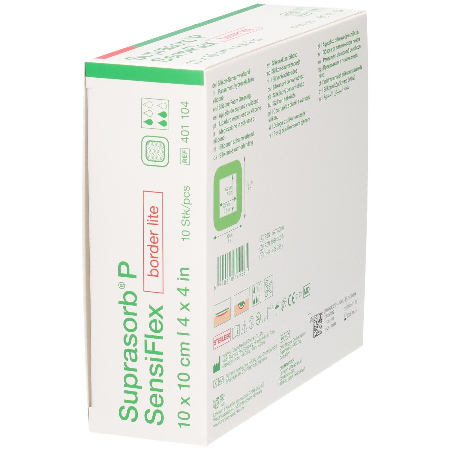 Rückseite Verpackung SUPRASORB P SensiFlex border lite, 10x10cm. Enthält Anwendungssymbole und Produktinformationen.