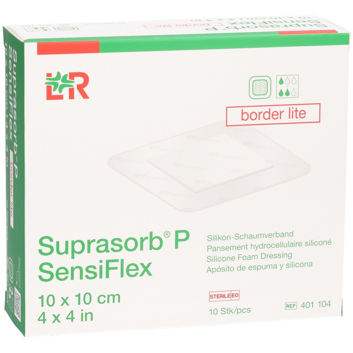 Verpackung SUPRASORB P SensiFlex border lite, 10x10cm, 10 Stück. Silikon-Schaumverband.