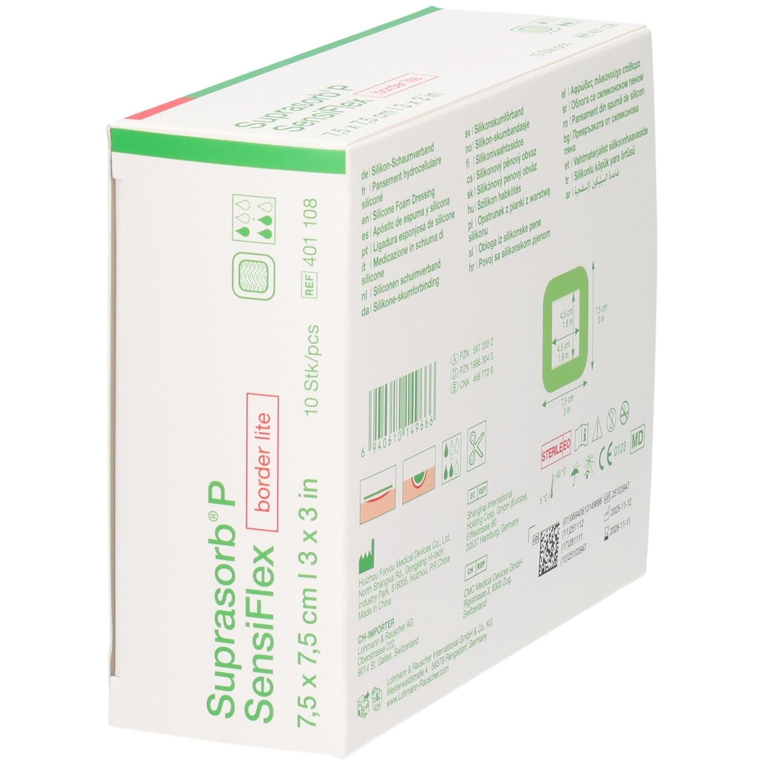 SUPRASORB P SensiFlex border lite Verband, 7,5x7,5cm, 10 Stück.