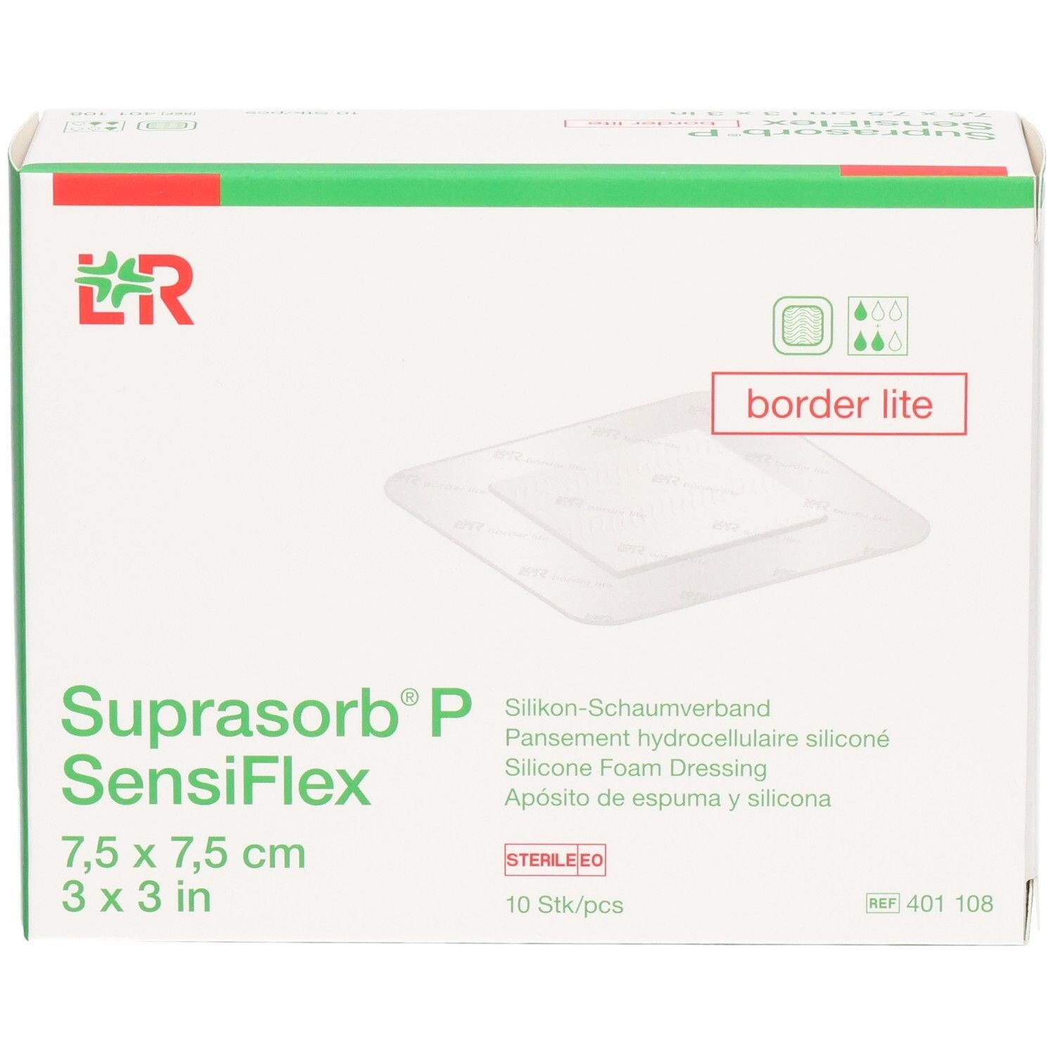 SUPRASORB P SensiFlex border lite Verband, 7,5x7,5cm, 10 Stück.