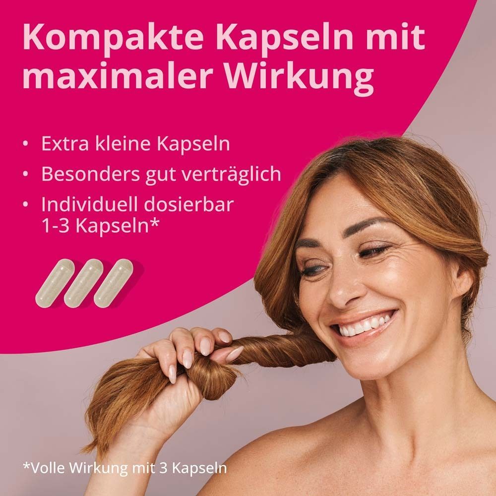 Frau mit Haaren. 3 Kapseln. Text: Kompakte Kapseln mit maximaler Wirkung. Extra kleine Kapseln.