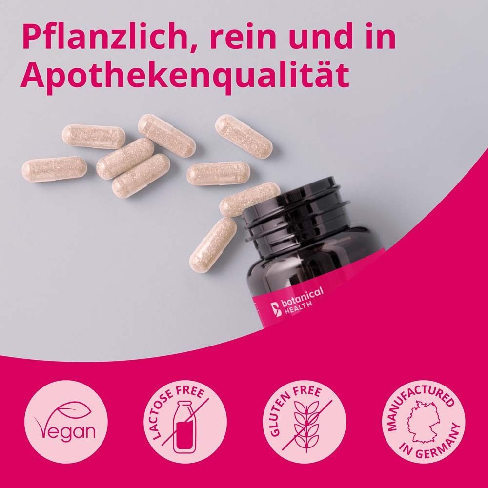 Kapseln und Flasche. Text: Pflanzlich, rein und in Apothekenqualität. Vegan, laktosefrei, glutenfrei.