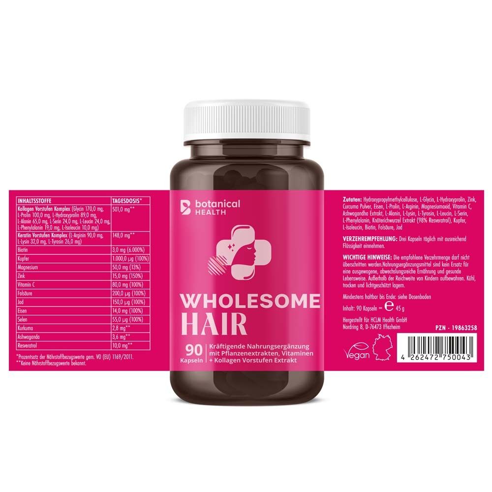 Flasche WHOLESOME HAIR. Etikett mit Inhaltsstoffen und Nährwertangaben. 90 Kapseln. Vegan.