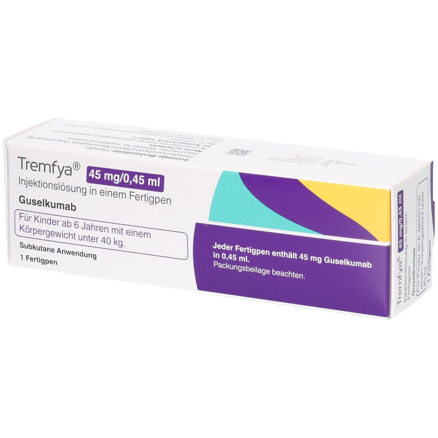 TREMFYA Fertigpen: Injektionslösung, 45 mg/0,45 ml Gusekumab. Für Kinder ab 6 Jahren mit Körpergewicht unter 40 kg.