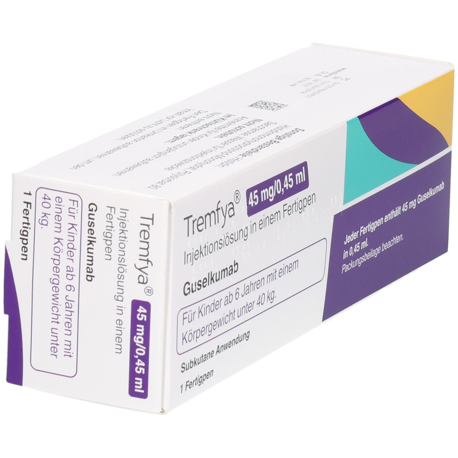 TREMFYA Fertigpen: Injektionslösung, 45 mg/0,45 ml Gusekumab. Für Kinder ab 6 Jahren mit Körpergewicht unter 40 kg.