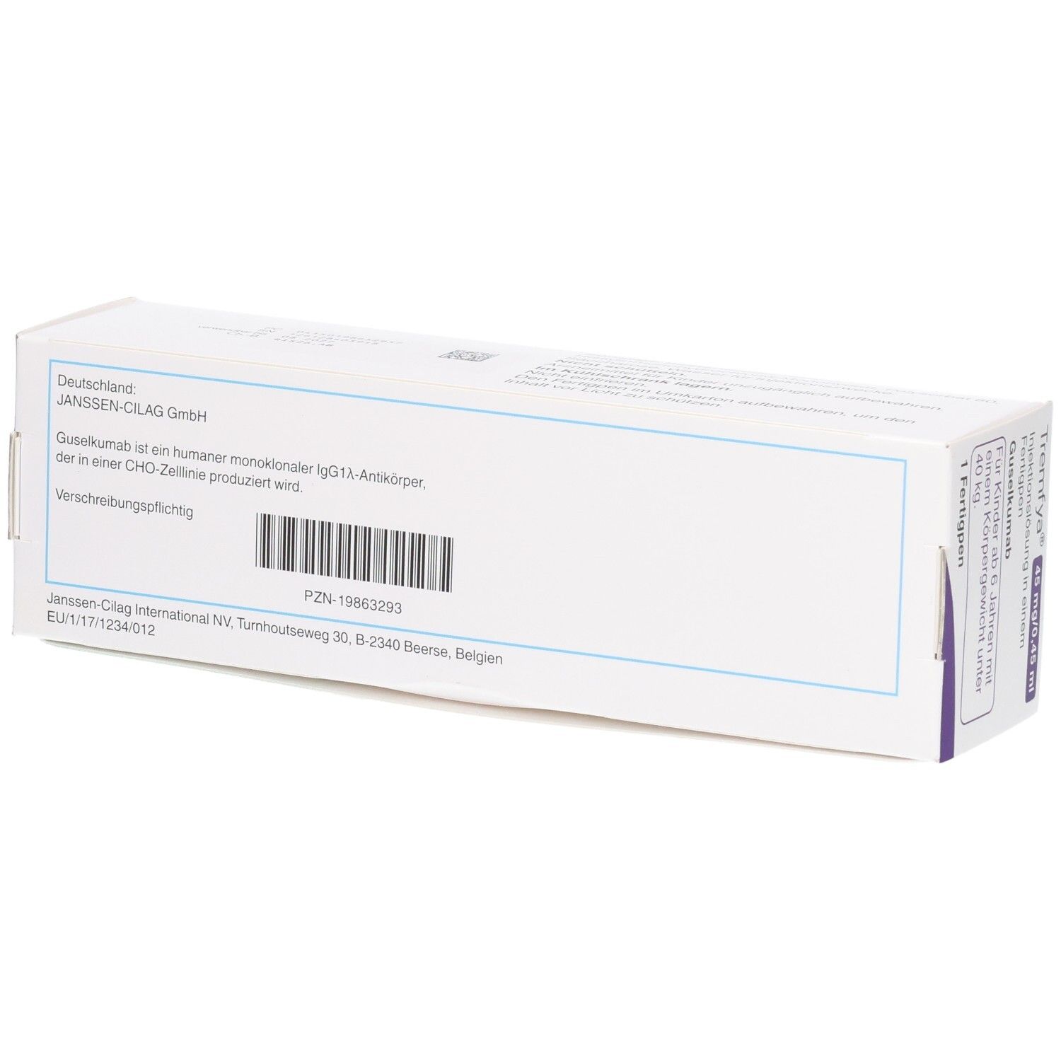 Verpackungsrückseite: Deutschland, Janssen-Cilag GmbH. PZN: 19863293. EU-Zulassung: EU/1/17/1234/012.