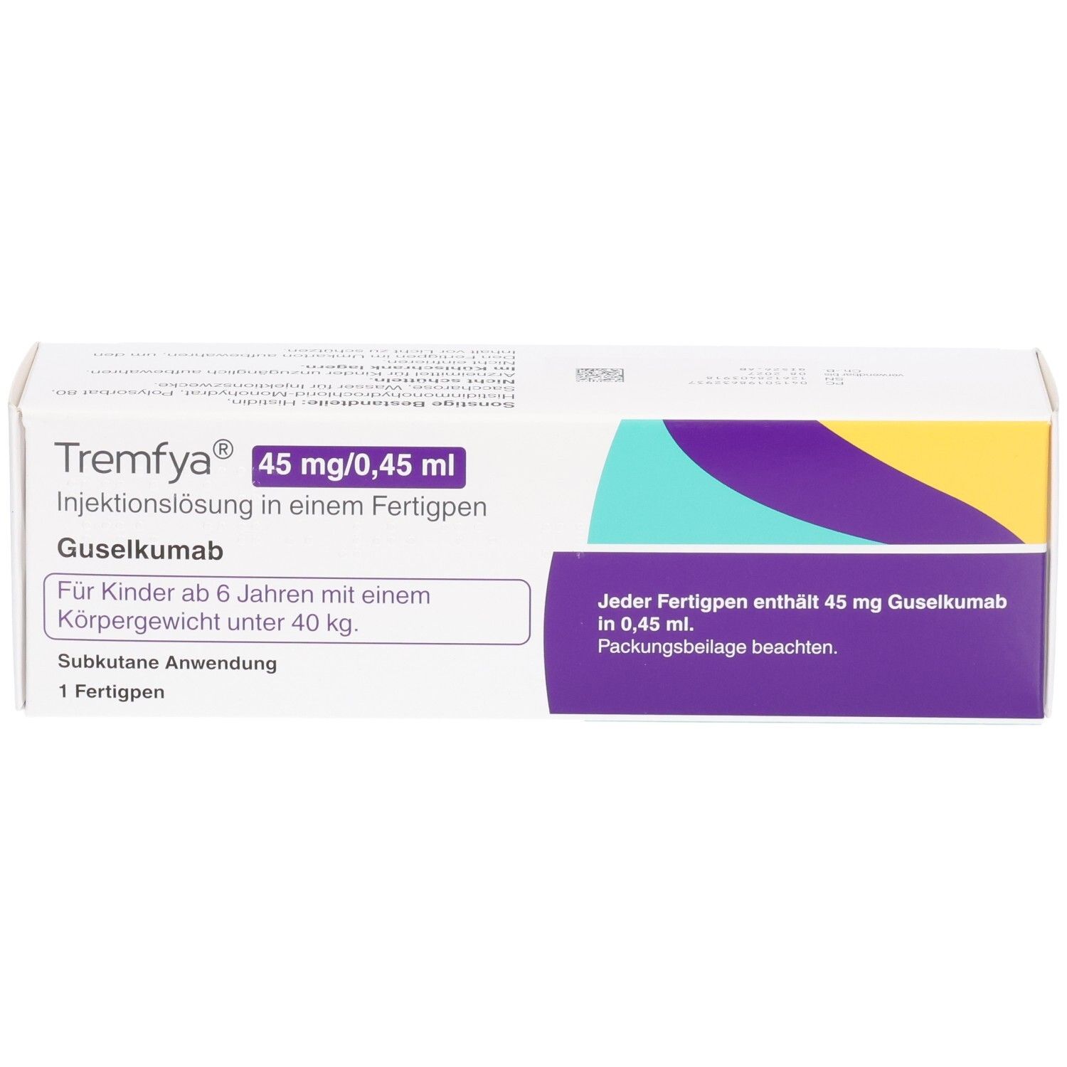 TREMFYA Fertigpen: Injektionslösung, 45 mg/0,45 ml Gusekumab. Für Kinder ab 6 Jahren mit Körpergewicht unter 40 kg.
