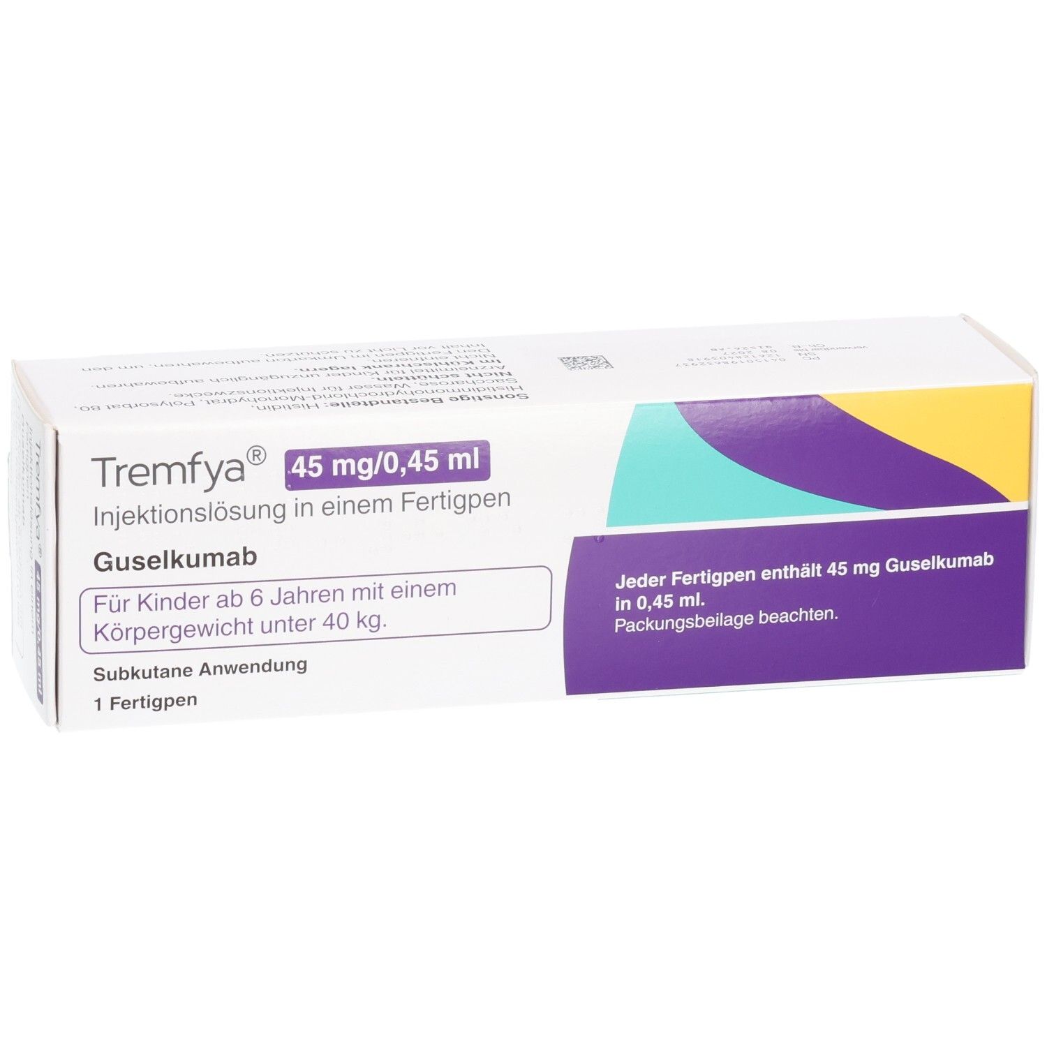 TREMFYA Fertigpen: Injektionslösung, 45 mg/0,45 ml Gusekumab. Für Kinder ab 6 Jahren mit Körpergewicht unter 40 kg.