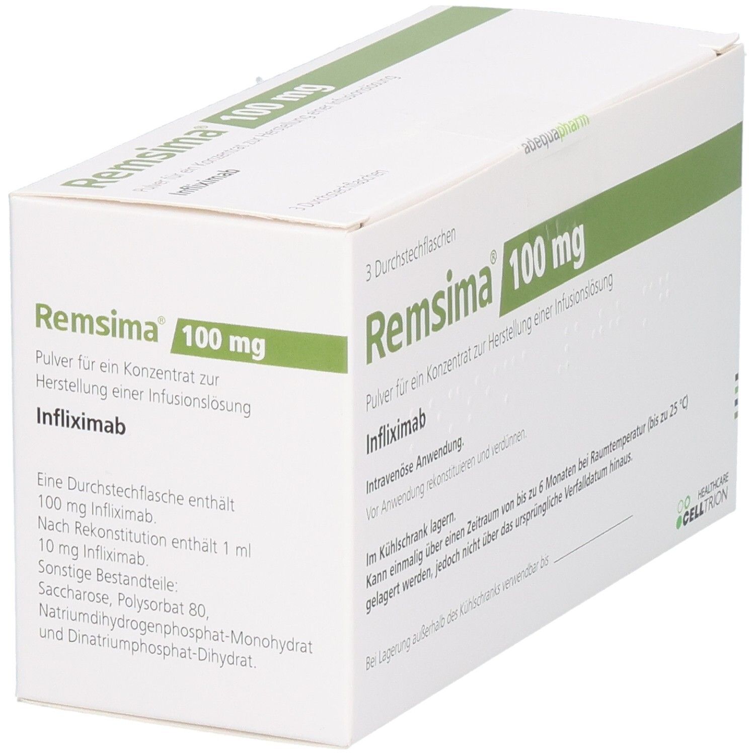REMSIMA 100 mg Pulver für Infusionslösung: Seitenansicht der Kartonverpackung mit drei Durchstechflaschen, Infliximab.