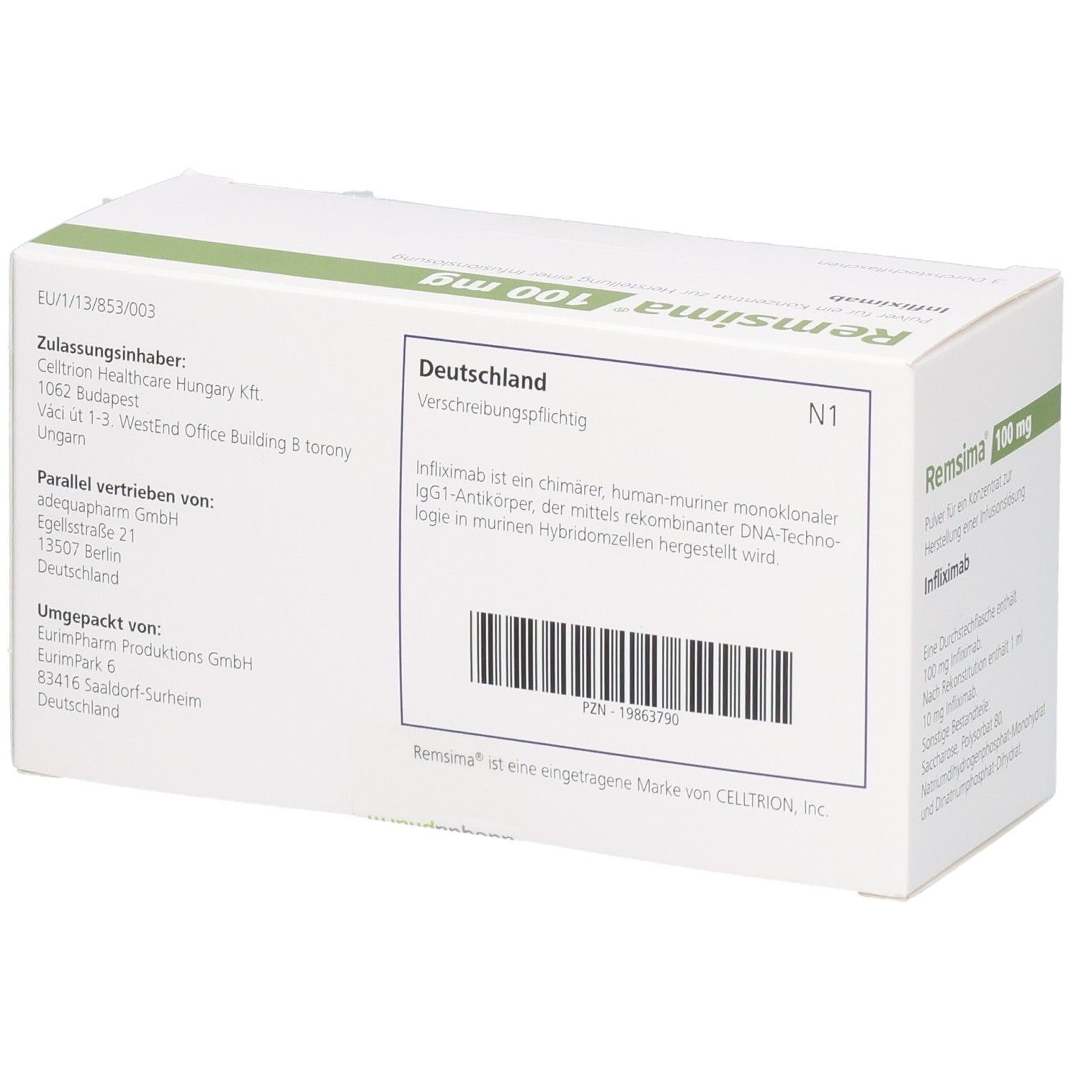 REMSIMA 100 mg Pulver für Infusionslösung: Rückseite der Kartonverpackung mit Produktinformationen und Barcode.