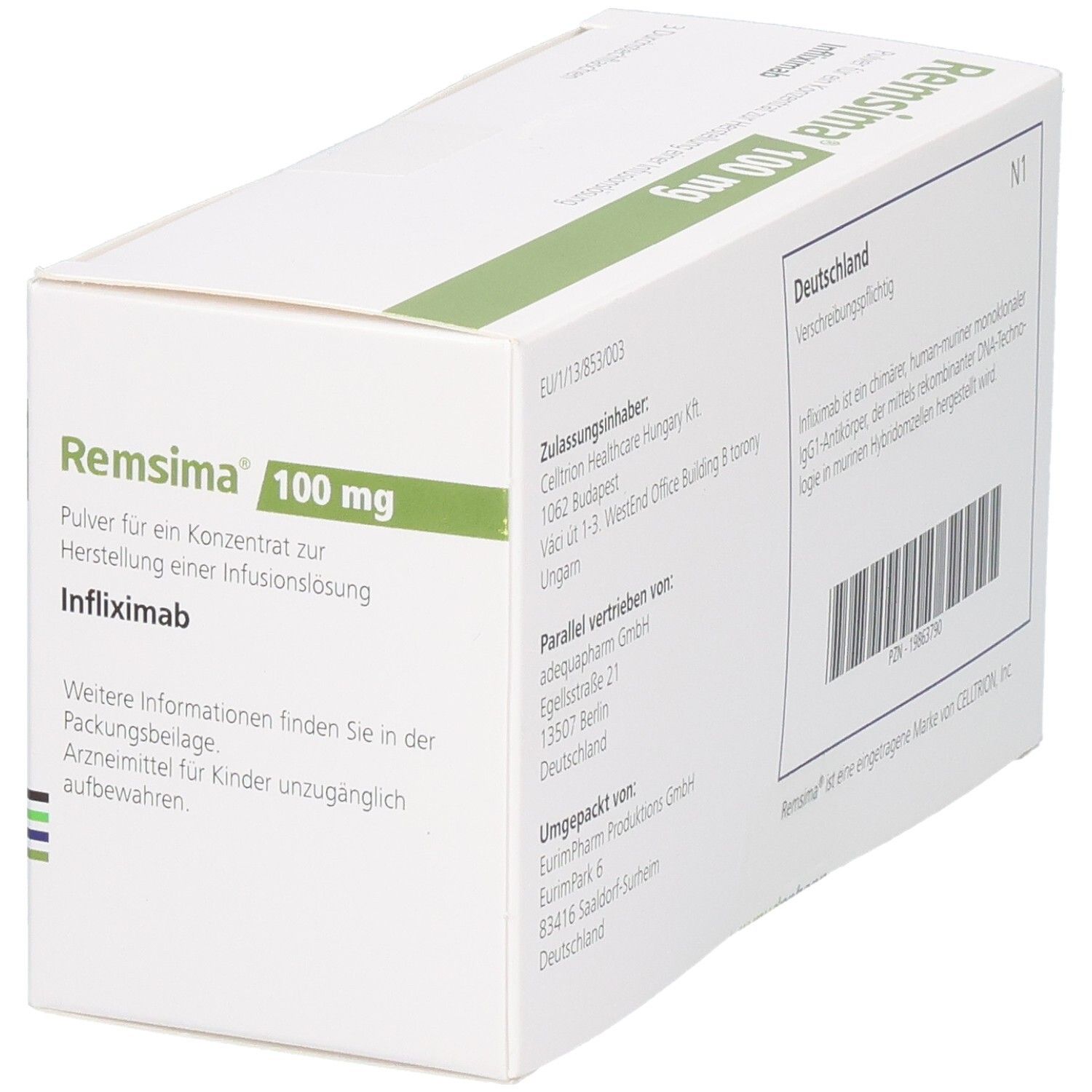 REMSIMA 100 mg Pulver für Infusionslösung: Schrägansicht der Kartonverpackung mit Produktinformationen.