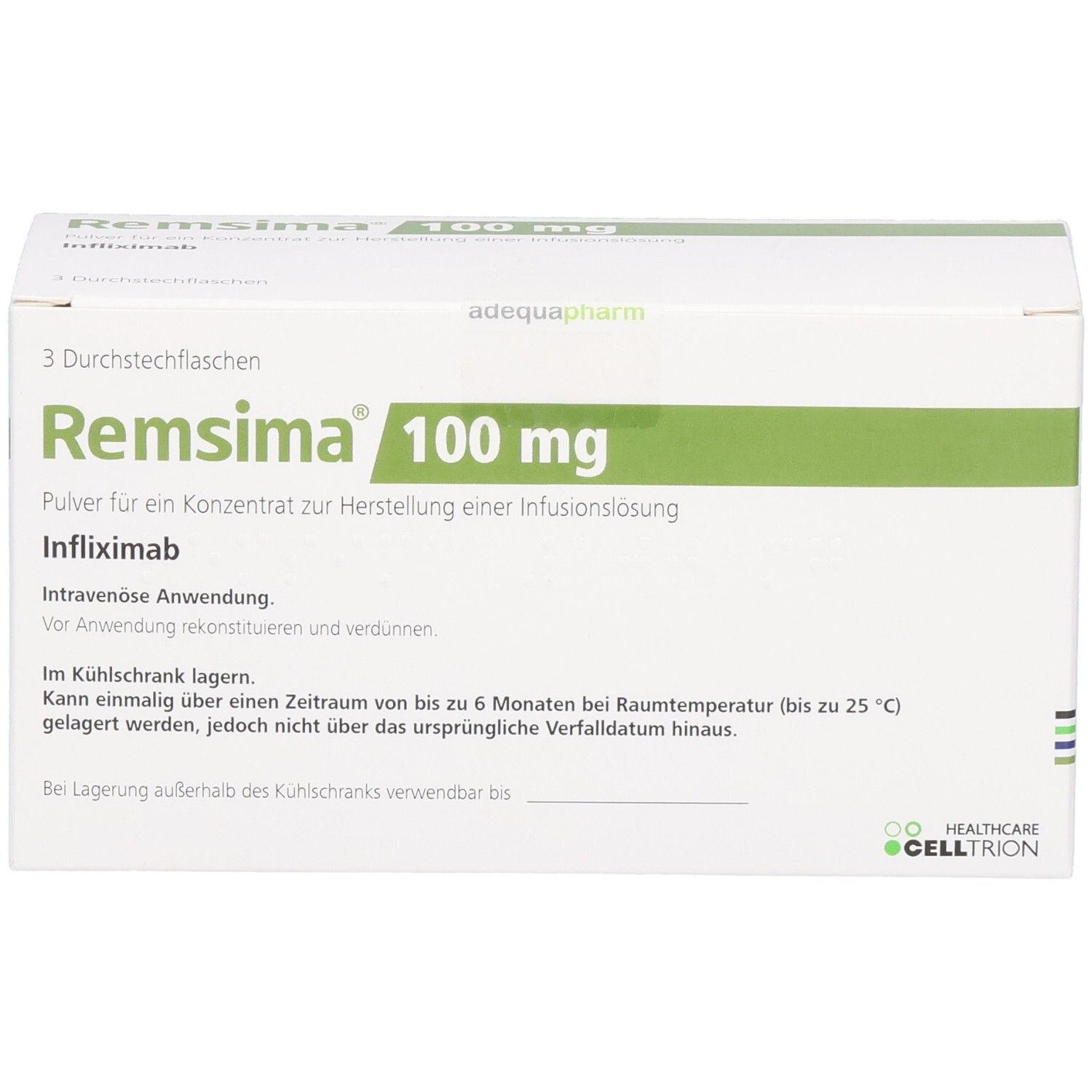 REMSIMA 100 mg Pulver für Infusionslösung: Vorderseite der Kartonverpackung mit Produktbezeichnung und Dosierung.