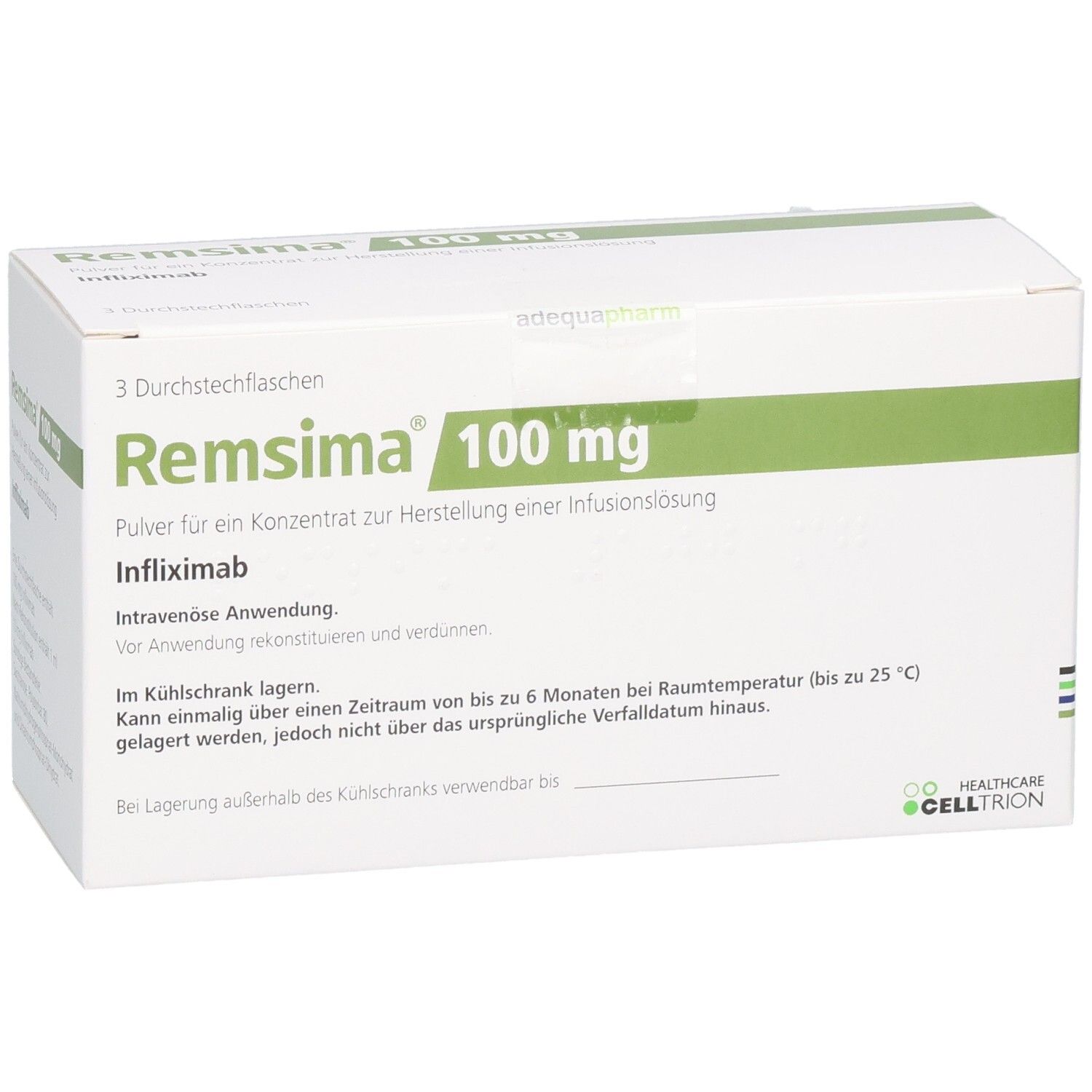 REMSIMA 100 mg Pulver für Infusionslösung: Kartonverpackung mit drei Durchstechflaschen, Infliximab, Lagerungshinweise.