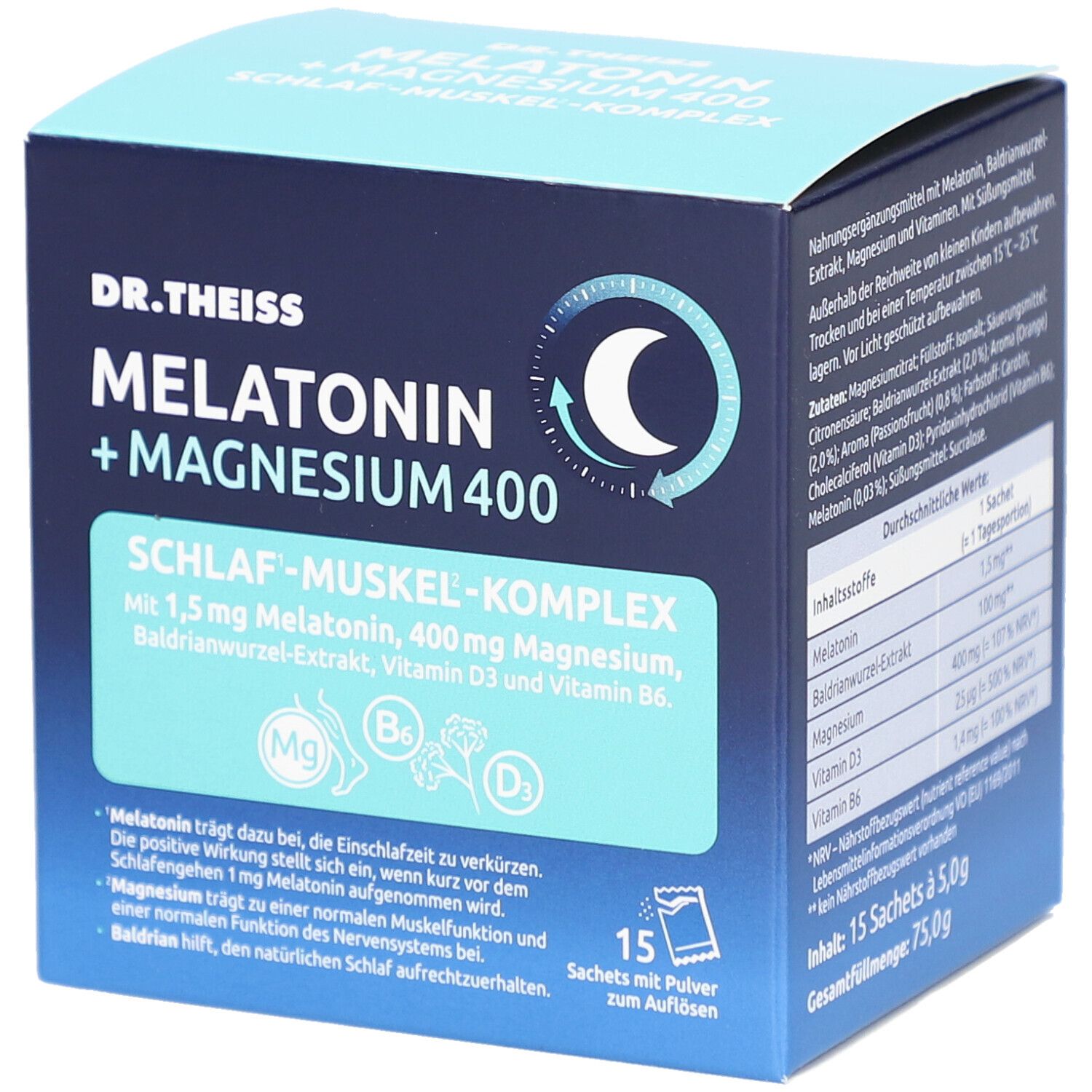 Blau-weiße Schachtel mit "DR. THEISS MELATONIN + MAGNESIUM 400". Enthält 15 Sachets mit Pulver. Mond-Symbol.