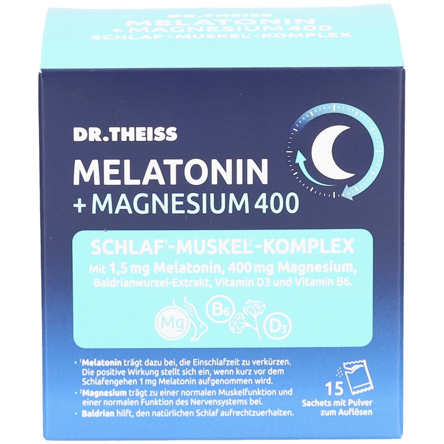 Blaue Schachtel mit "DR. THEISS MELATONIN + MAGNESIUM 400". Enthält 15 Sachets mit Pulver. Mond-Symbol.
