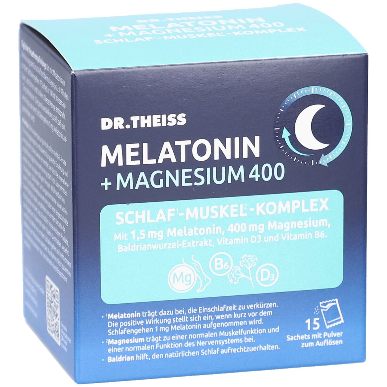 Blaue Schachtel mit "DR. THEISS MELATONIN + MAGNESIUM 400". Enthält 15 Sachets mit Pulver. Mond-Symbol.