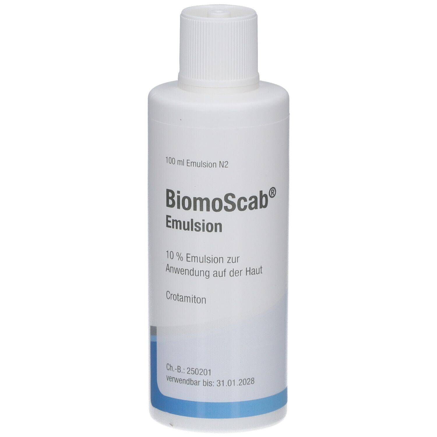 Weiße Flasche mit Schraubverschluss. Aufschrift: BiomoScab Emulsion, 10% Emulsion zur Anwendung auf der Haut.