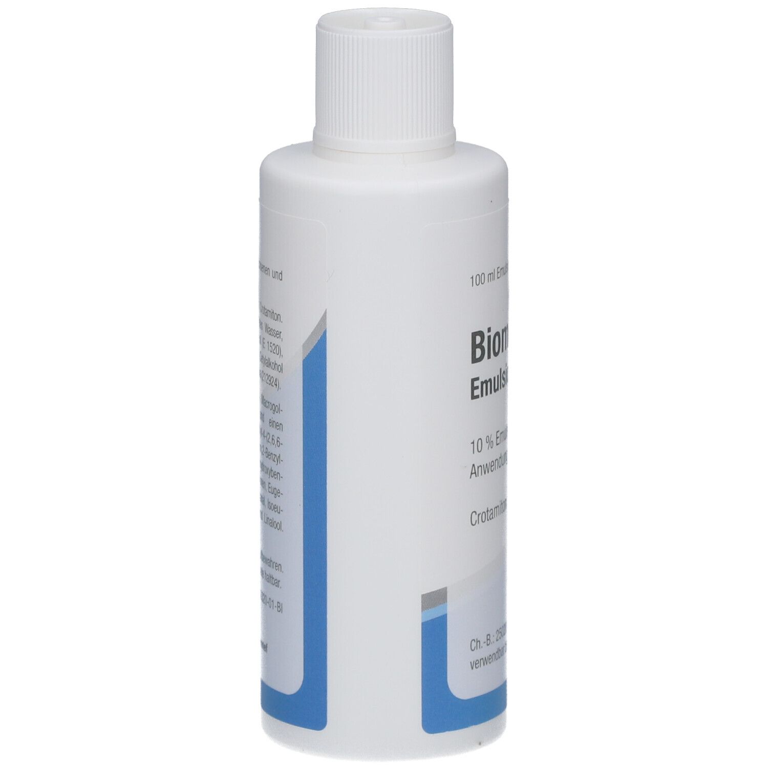Weiße Flasche mit Schraubverschluss. Blaue und graue Streifen an der Seite. Aufschrift: BiomoScab Emulsion.