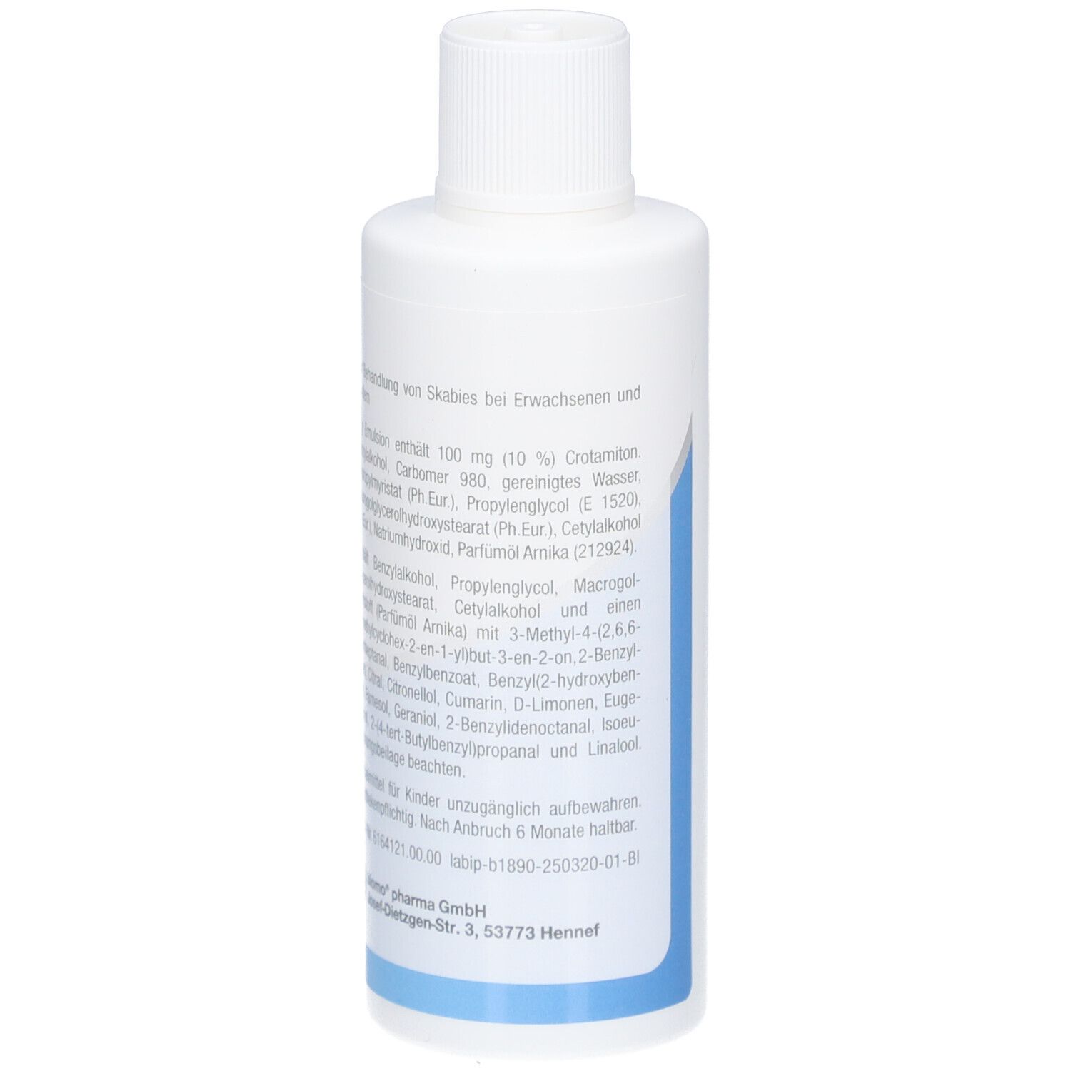 Weiße Flasche mit Schraubverschluss. Rückseite mit Inhaltsstoffen und Herstellerinformationen. Blaue Streifen am Boden.