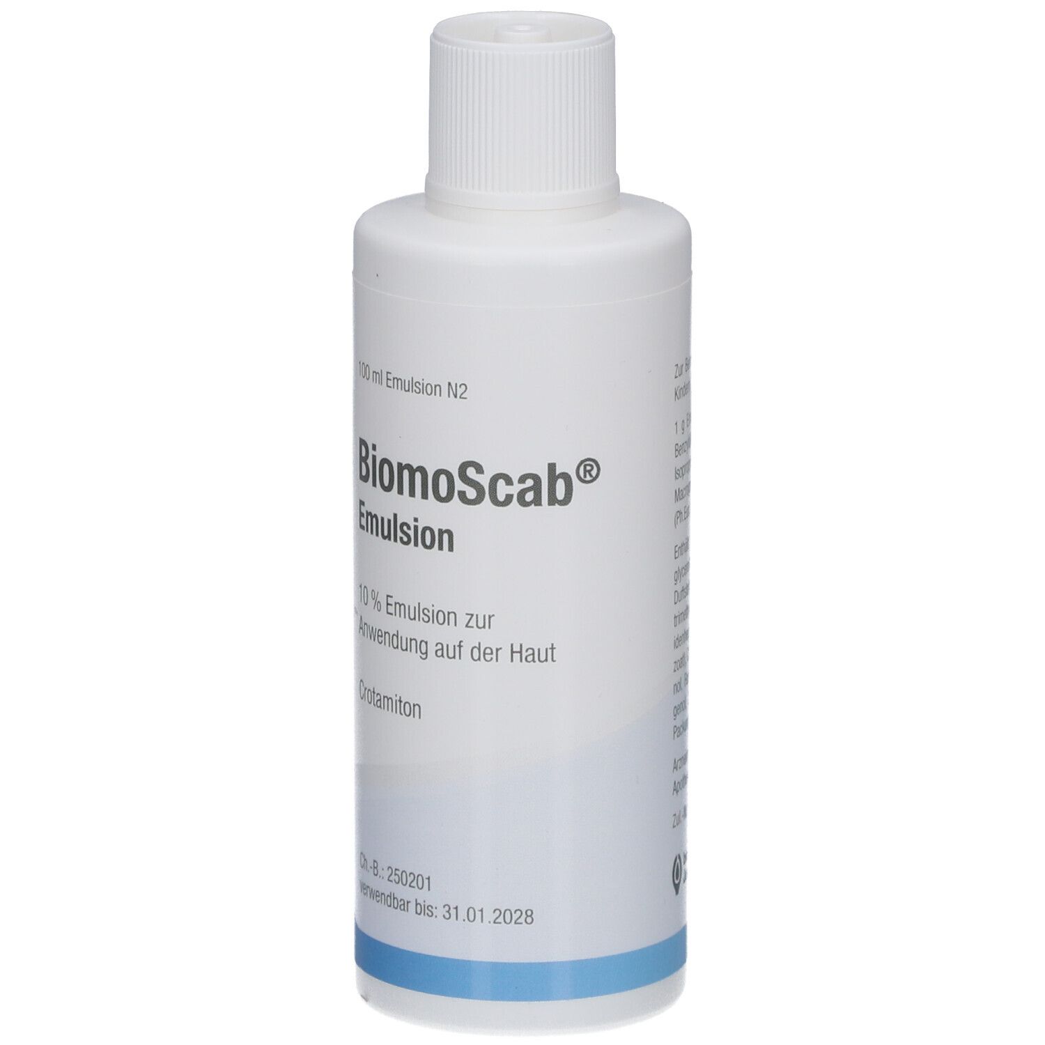 Weiße Flasche mit Schraubverschluss. Aufschrift: BiomoScab Emulsion, 10% Emulsion zur Anwendung auf der Haut.