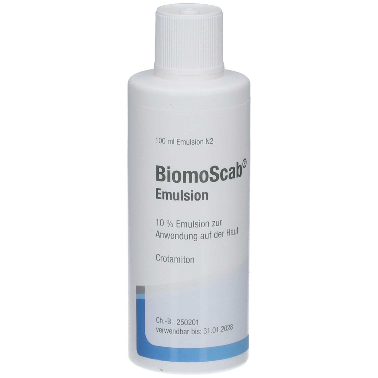 Weiße Flasche mit Schraubverschluss. Aufschrift: BiomoScab Emulsion, 10% Emulsion zur Anwendung auf der Haut.