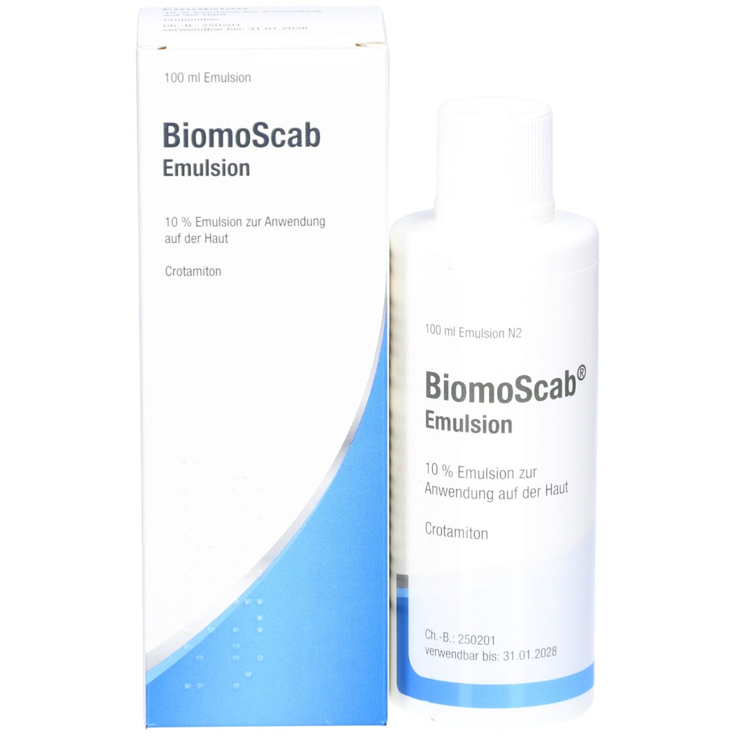 Weiße Flasche und Schachtel. Aufschrift: BiomoScab Emulsion, 10% Emulsion zur Anwendung auf der Haut. Schachtel mit Produktnamen.