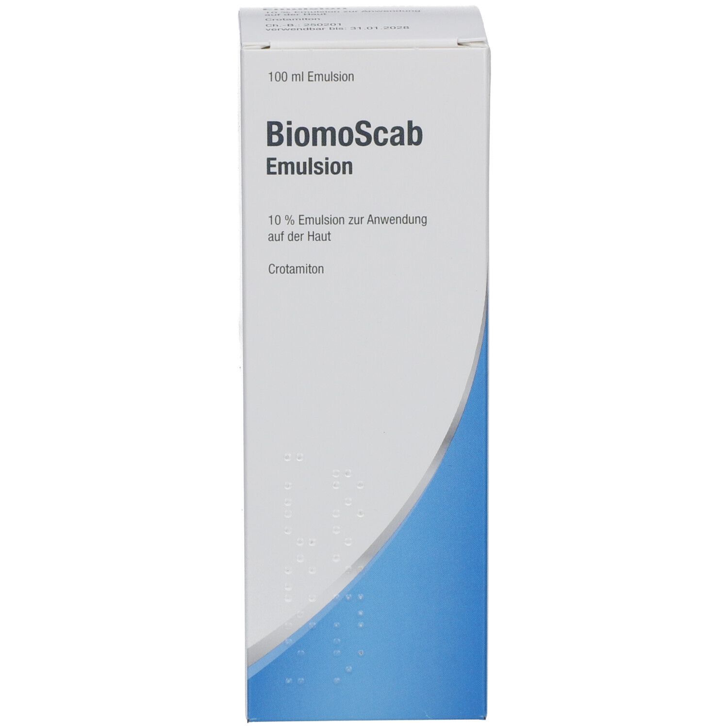 Weiße Schachtel. Aufschrift: BiomoScab Emulsion, 10% Emulsion zur Anwendung auf der Haut. Blaue Streifen.