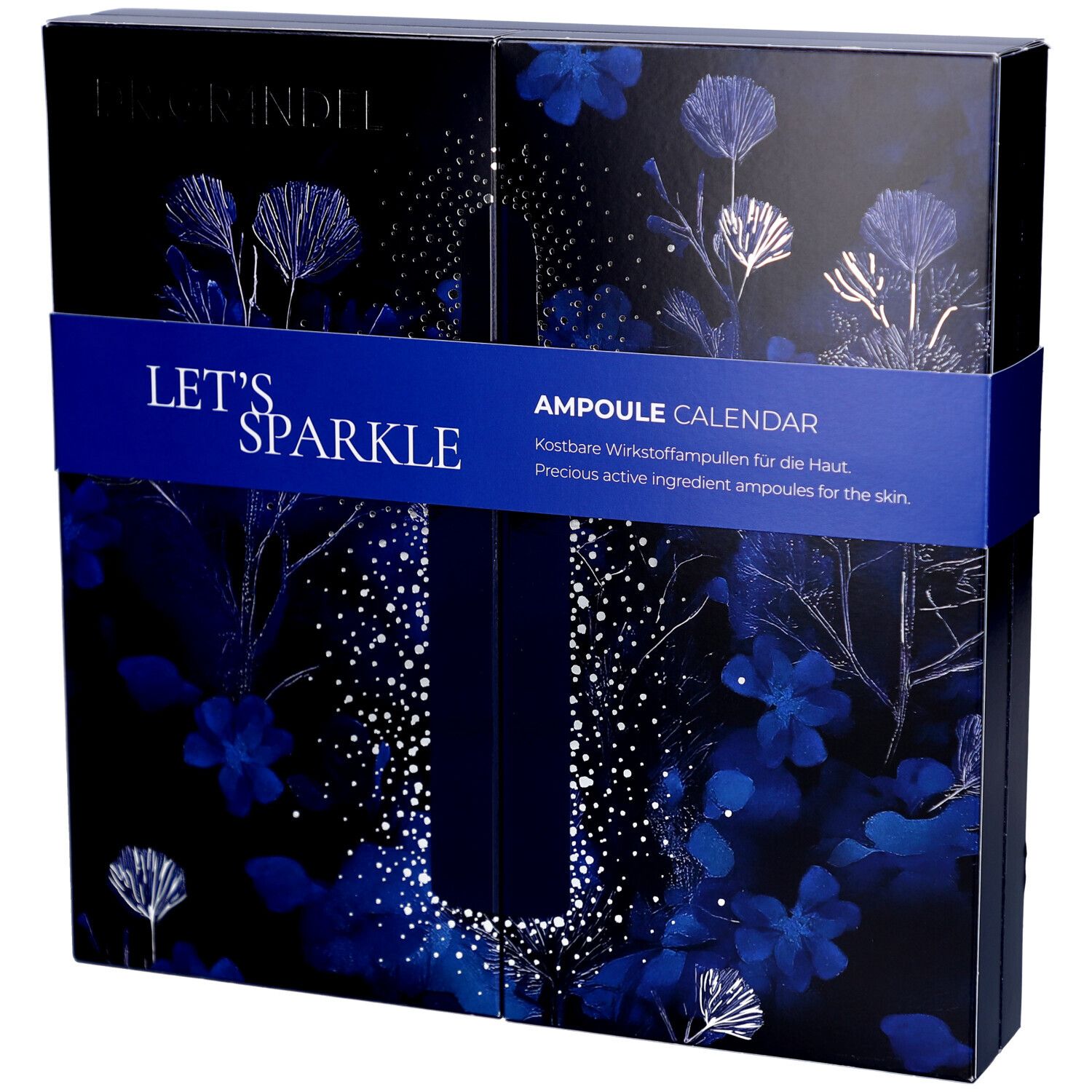 Adventskalender mit floralem Design. Aufschrift "LET'S SPARKLE" und "AMPOULE CALENDAR". Blaue Verpackung mit Produktinformationen.