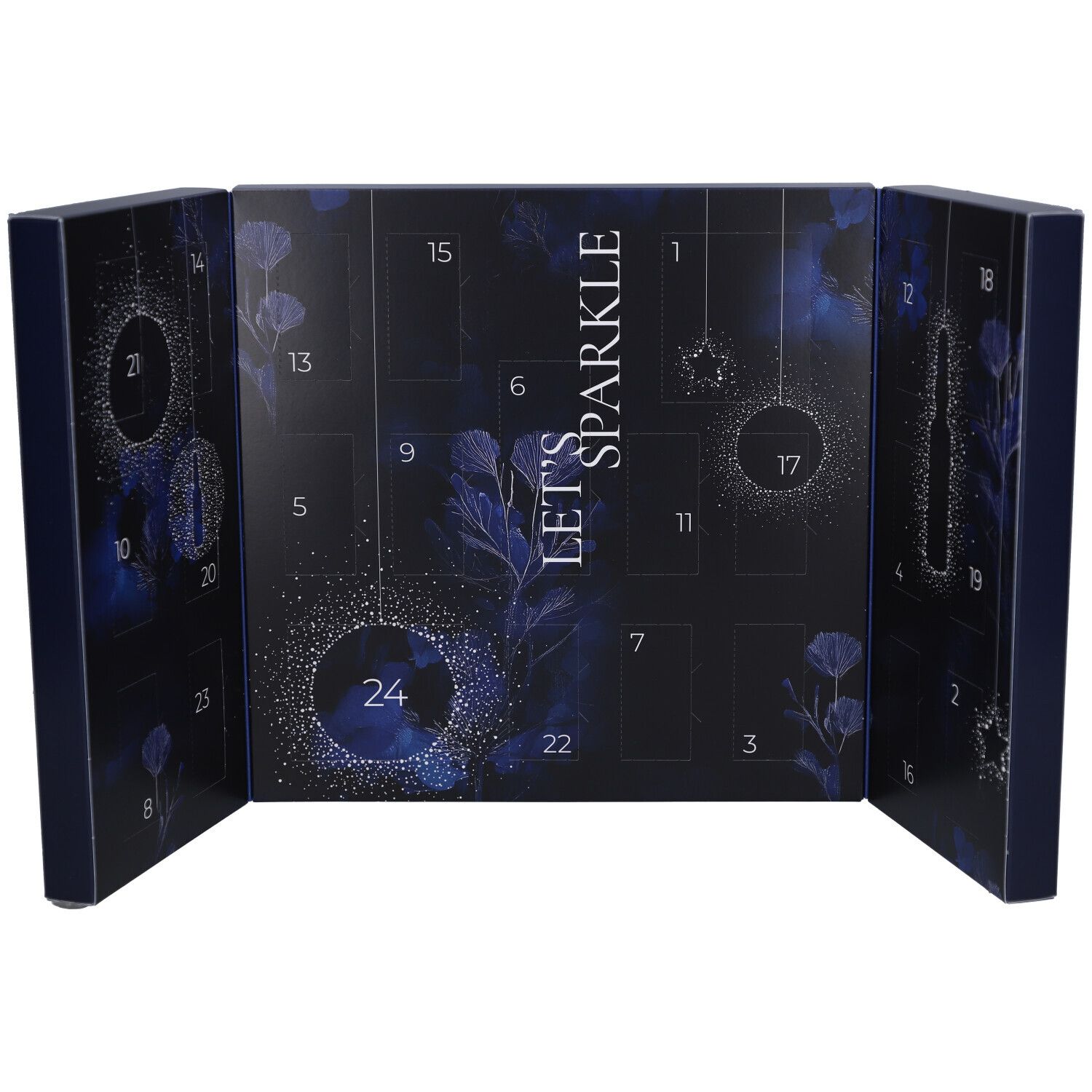 Geöffneter Adventskalender mit 24 nummerierten Türchen. Floralem Design. Aufschrift "LET'S SPARKLE". Blaue Verpackung.