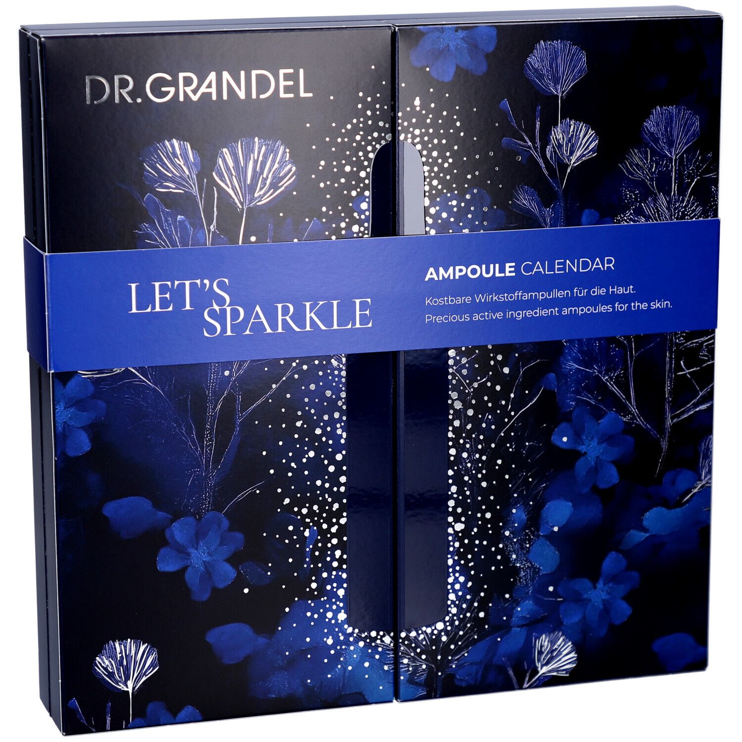Adventskalender mit floralem Design. Aufschrift "DR. GRANDEL", "LET'S SPARKLE" und "AMPOULE CALENDAR". Blaue Verpackung.