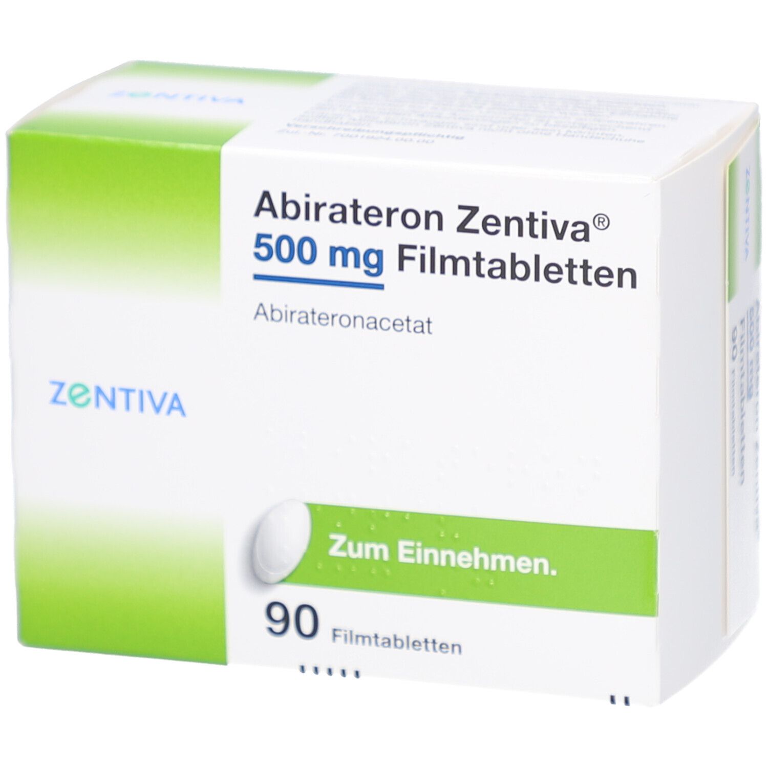 Schachtel mit Abirateron Zentiva 500 mg Filmtabletten. Enthält 90 Tabletten. Aufschrift: Zum Einnehmen.