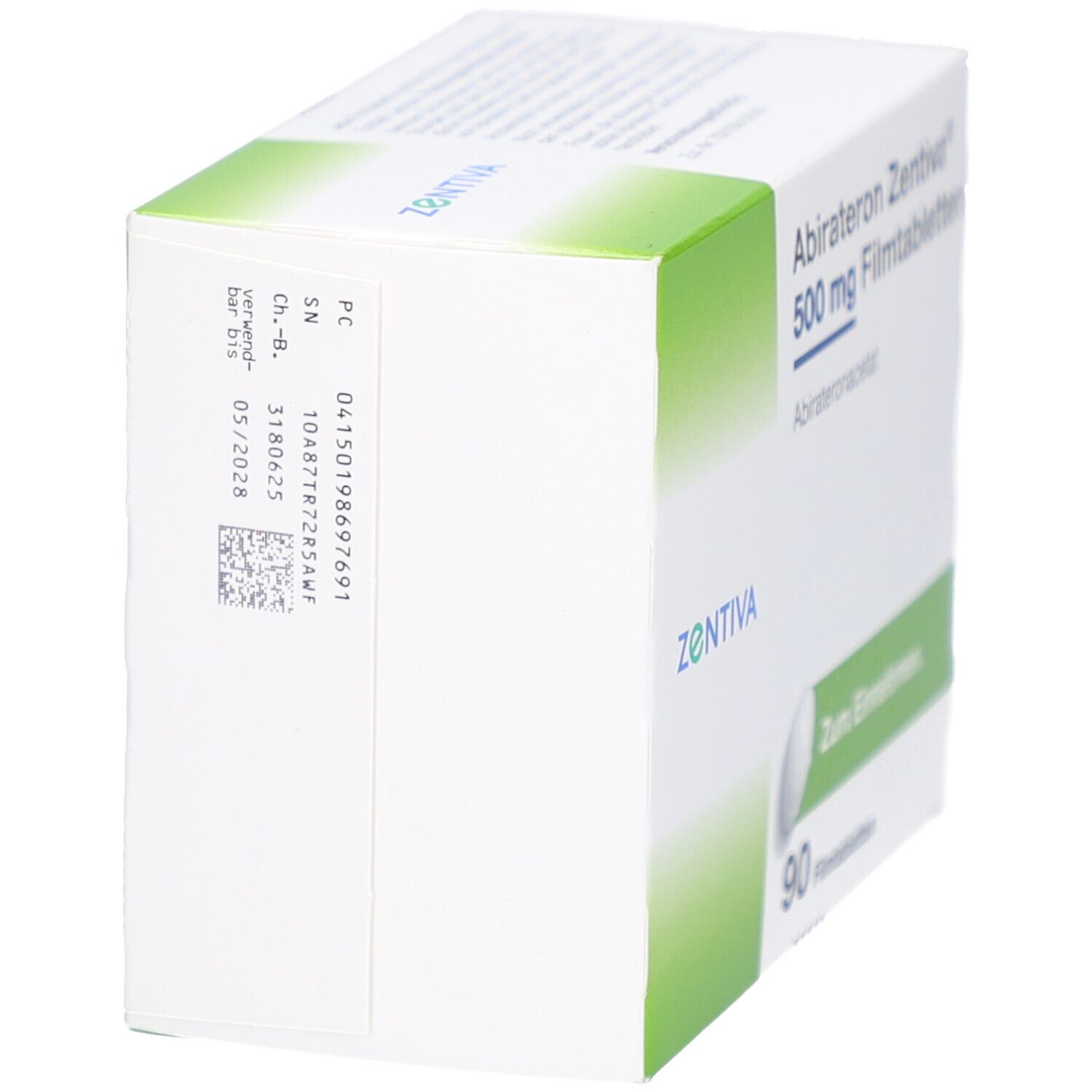 Seitenansicht der Schachtel mit Abirateron Zentiva 500 mg Filmtabletten. Enthält Informationen und Barcode.