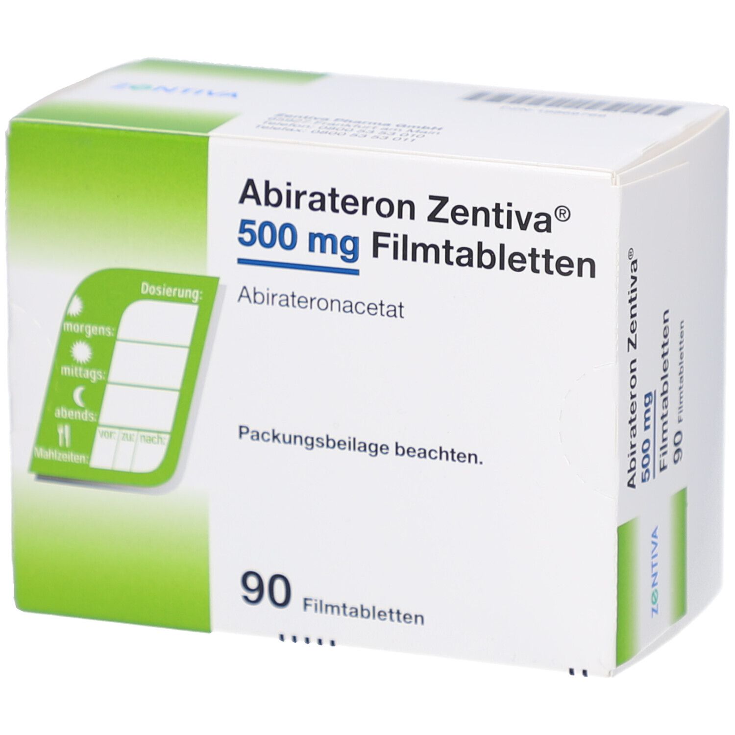 Schachtel mit Abirateron Zentiva 500 mg Filmtabletten. Enthält 90 Tabletten. Mit Dosierungsplan.