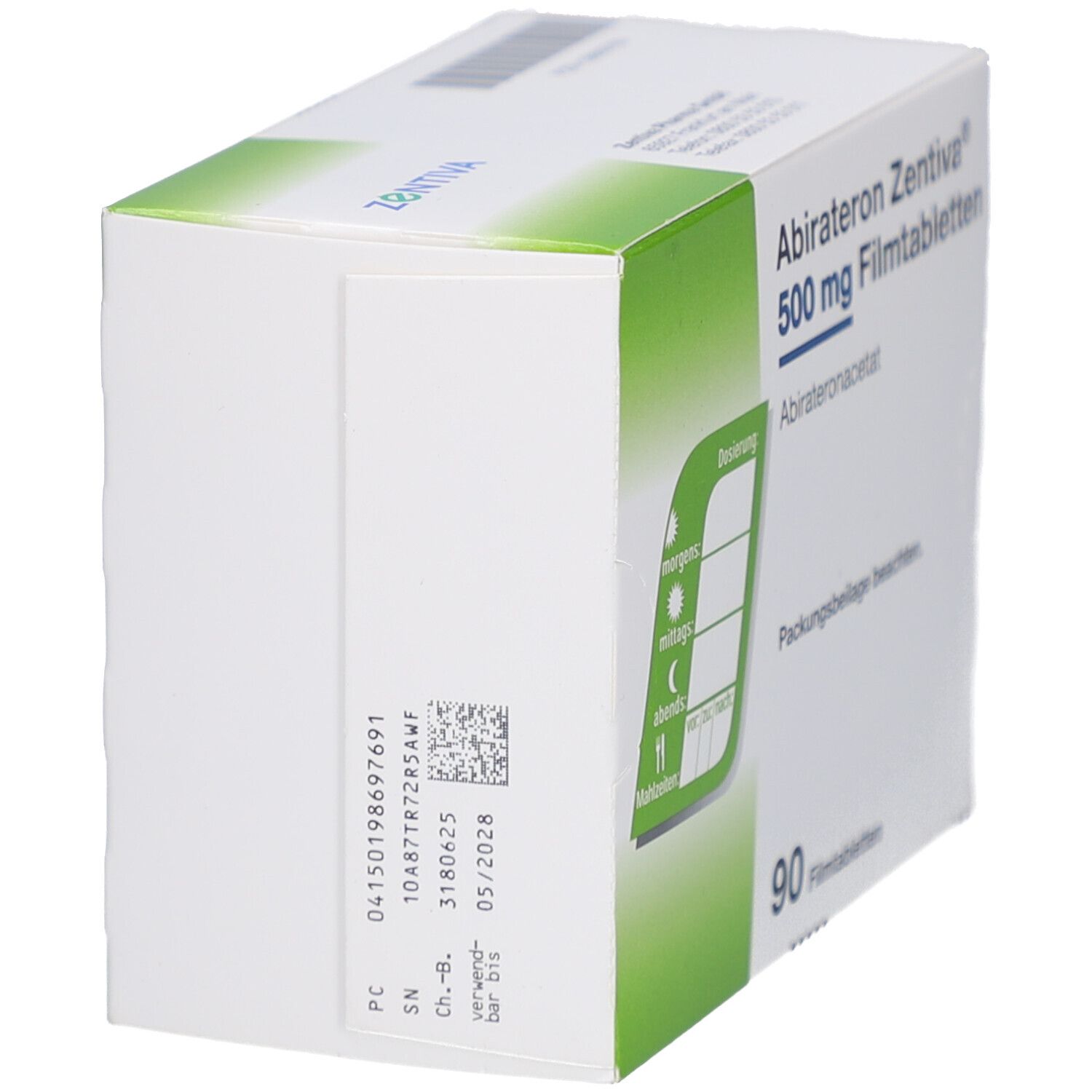Seitenansicht der Schachtel mit Abirateron Zentiva 500 mg Filmtabletten. Mit Dosierungsplan und Barcode.