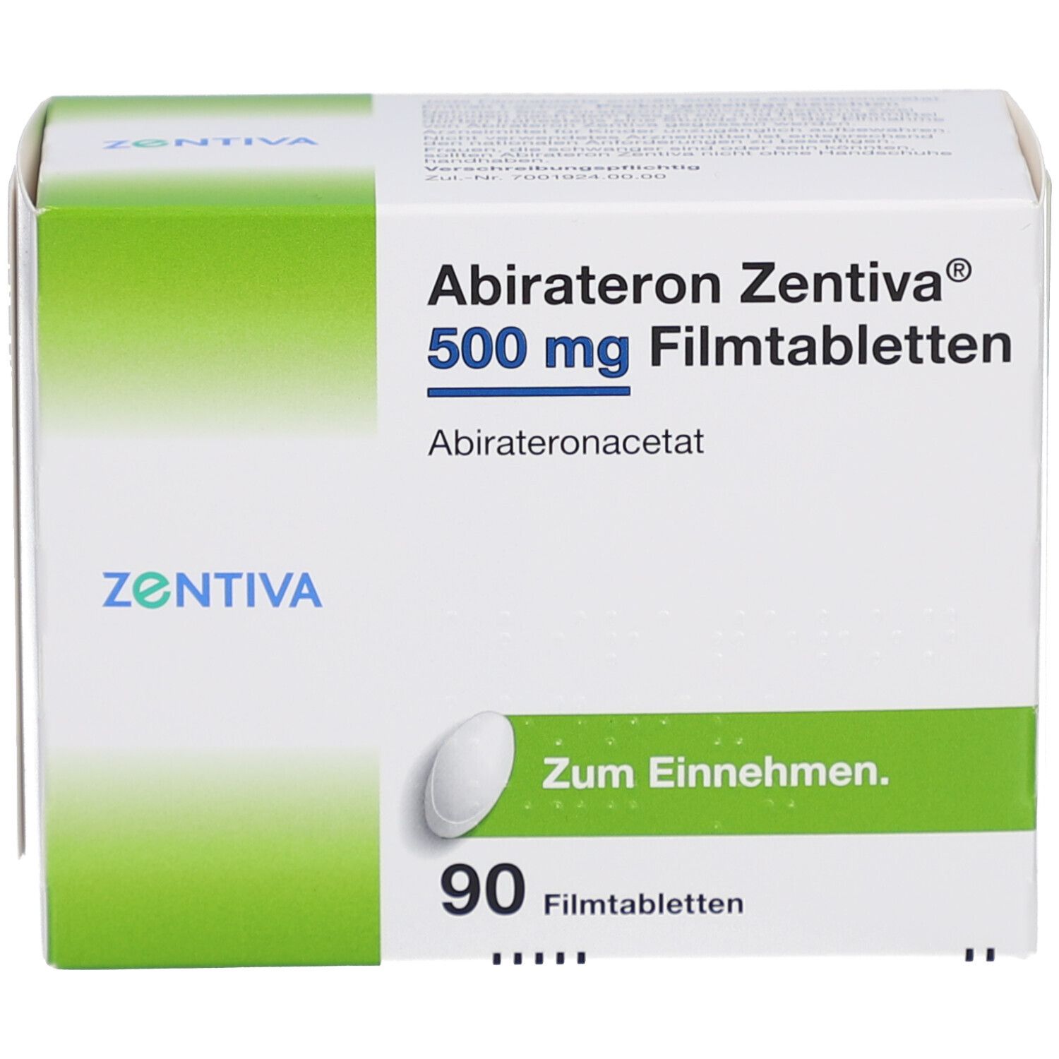 Schachtel mit Abirateron Zentiva 500 mg Filmtabletten. Enthält 90 Tabletten. Aufschrift: Zum Einnehmen.