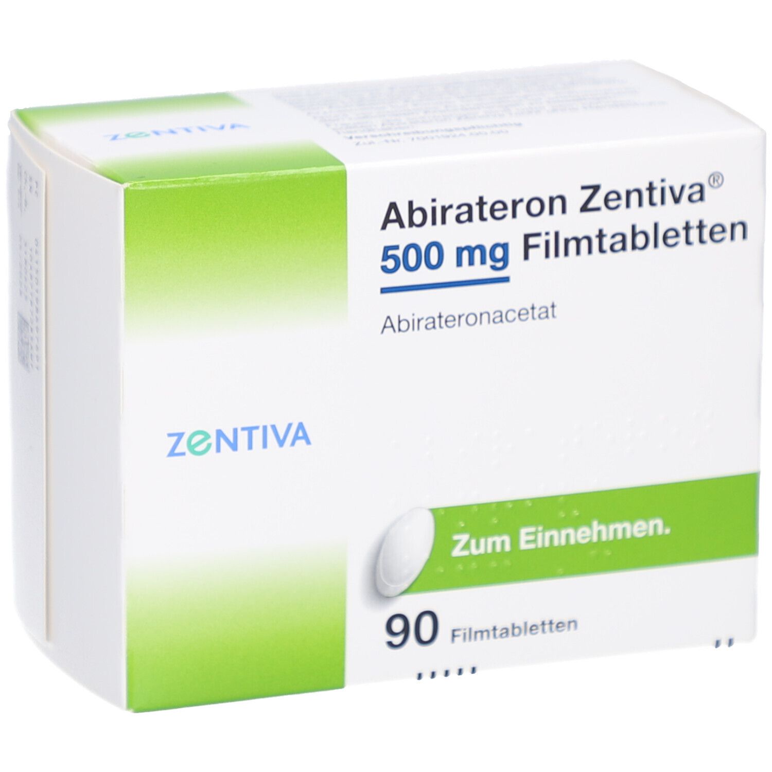 Schachtel mit Abirateron Zentiva 500 mg Filmtabletten. Enthält 90 Tabletten. Produktverpackung.
