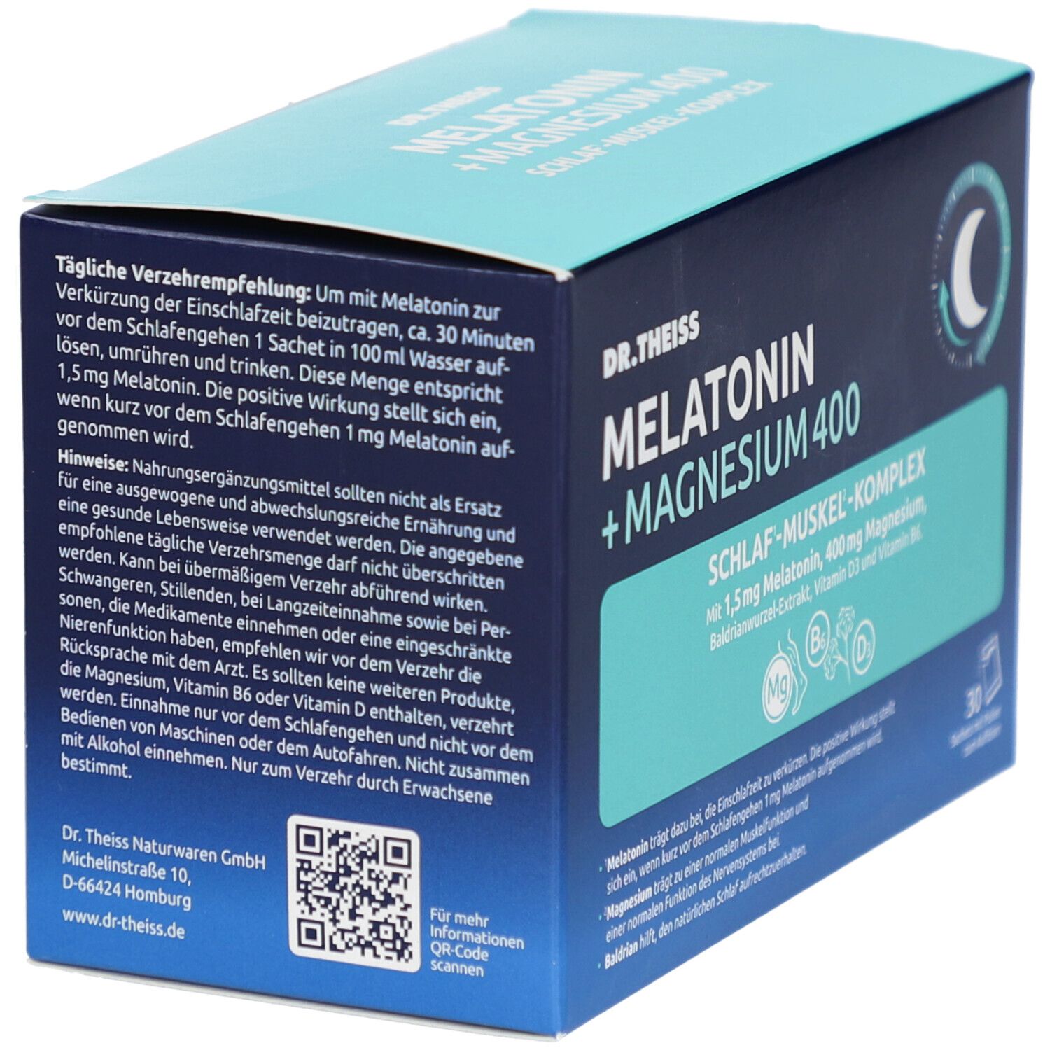 Rückseite der Schachtel Dr. Theiss Melatonin + Magnesium 400. Text: Anwendung, Hinweise, QR-Code.