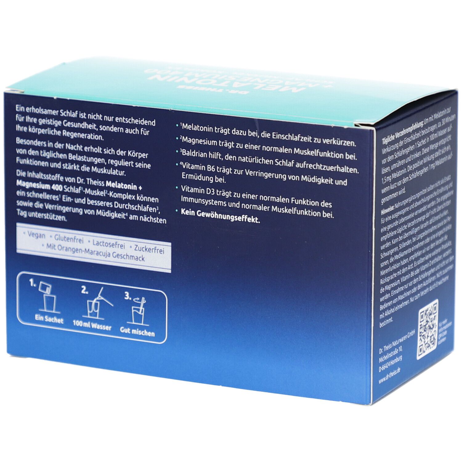 Rückseite der Schachtel Dr. Theiss Melatonin + Magnesium 400. Text: Inhaltsstoffe, Vorteile, Zubereitung.