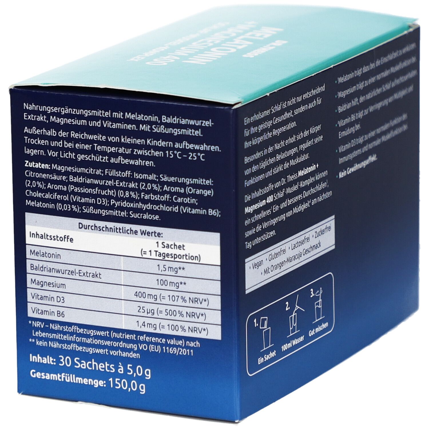 Rückseite der Schachtel Dr. Theiss Melatonin + Magnesium 400. Text: Inhaltsstoffe, Nährwerte, Zubereitung.