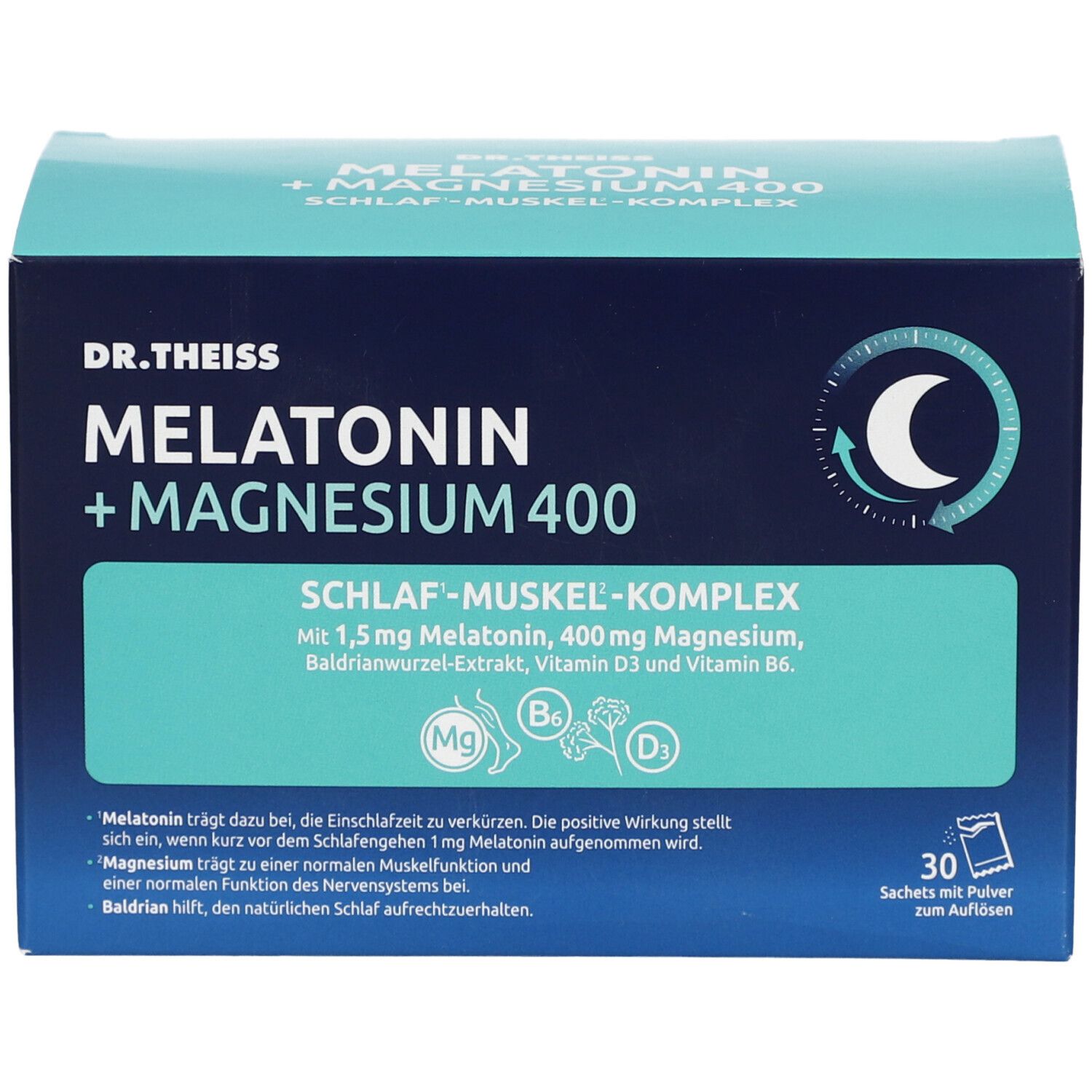 Vorderseite der Schachtel Dr. Theiss Melatonin + Magnesium 400. Aufschrift: Schlaf-Muskel-Komplex. 30 Sachets.
