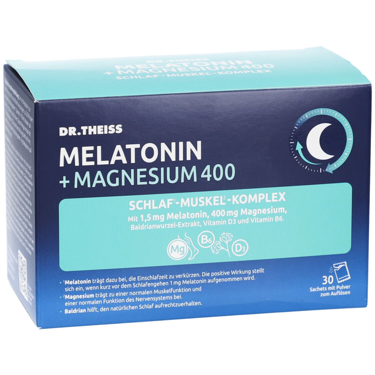 Schachtel Dr. Theiss Melatonin + Magnesium 400. Aufschrift: Schlaf-Muskel-Komplex. 30 Sachets. Mond-Symbol.