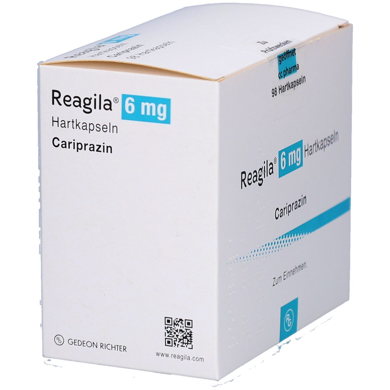 Weiße Faltschachtel mit "Reagila 6 mg Hartkapseln". Text: Cariprazin, Zum Einnehmen. QR-Code und Gedeon Richter Logo.