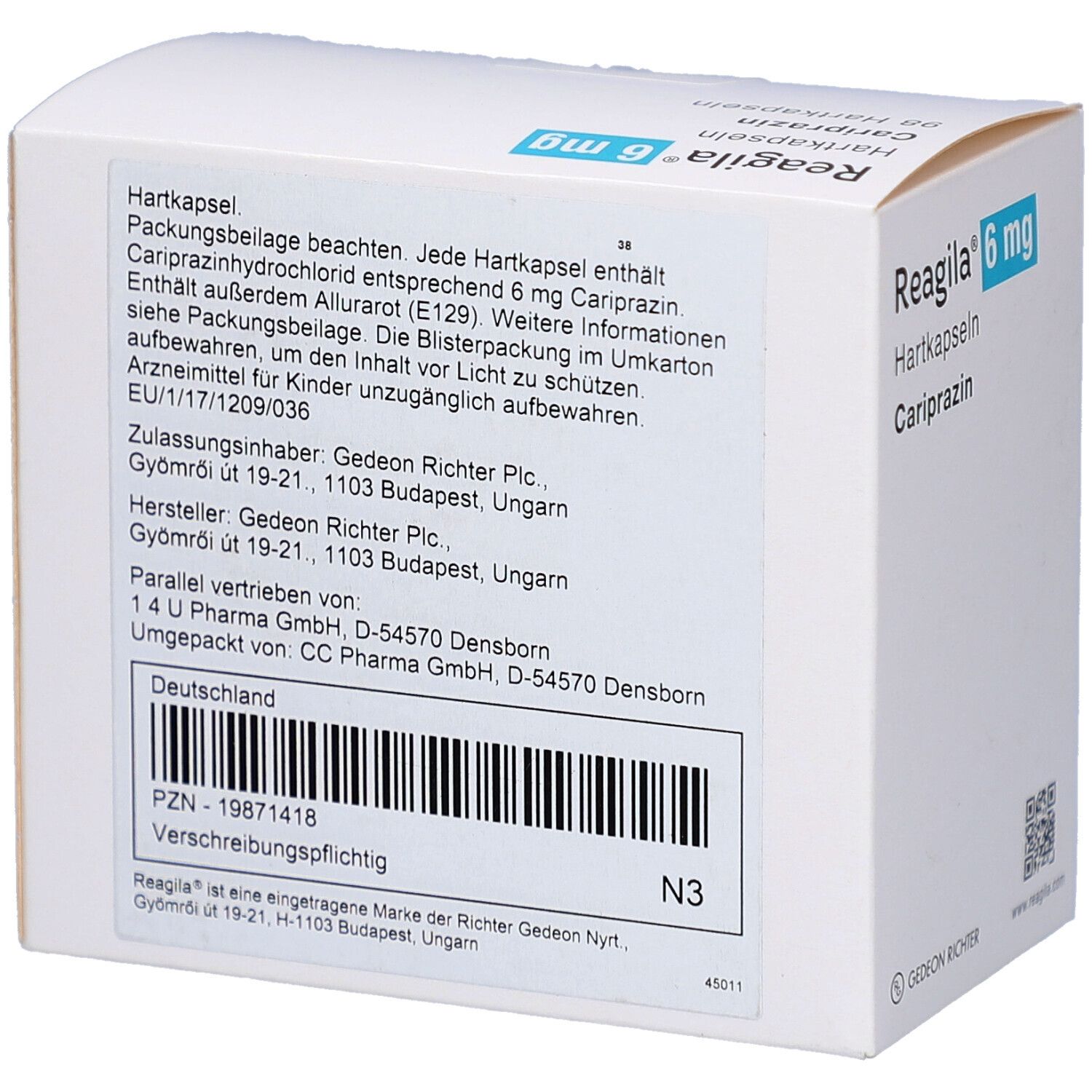 Rückseite der weißen Faltschachtel. Text: Hartkapsel, Cariprazin, Hersteller, PZN-19871418, Beschreibungspflichtig, N3.