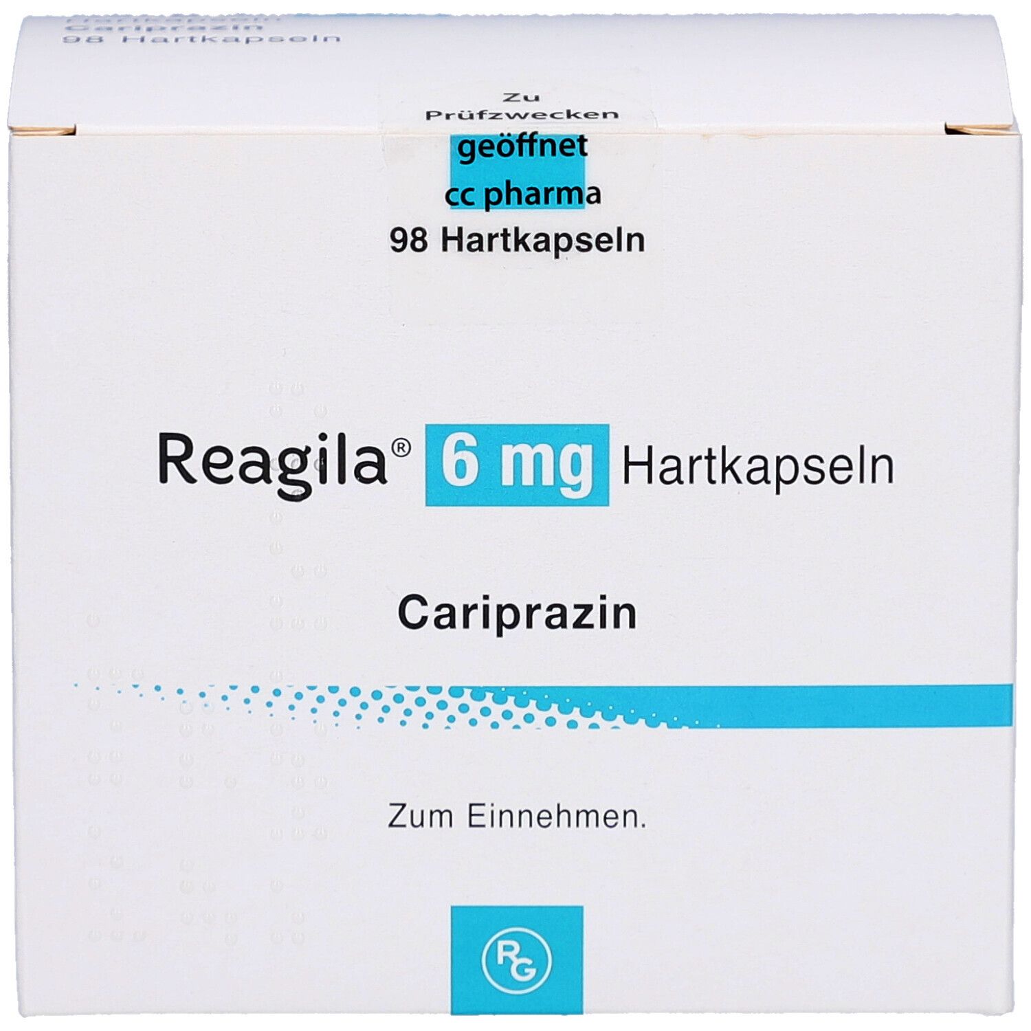 Weiße Faltschachtel mit "Reagila 6 mg Hartkapseln". Text: Cariprazin, Zum Einnehmen. 98 Hartkapseln.