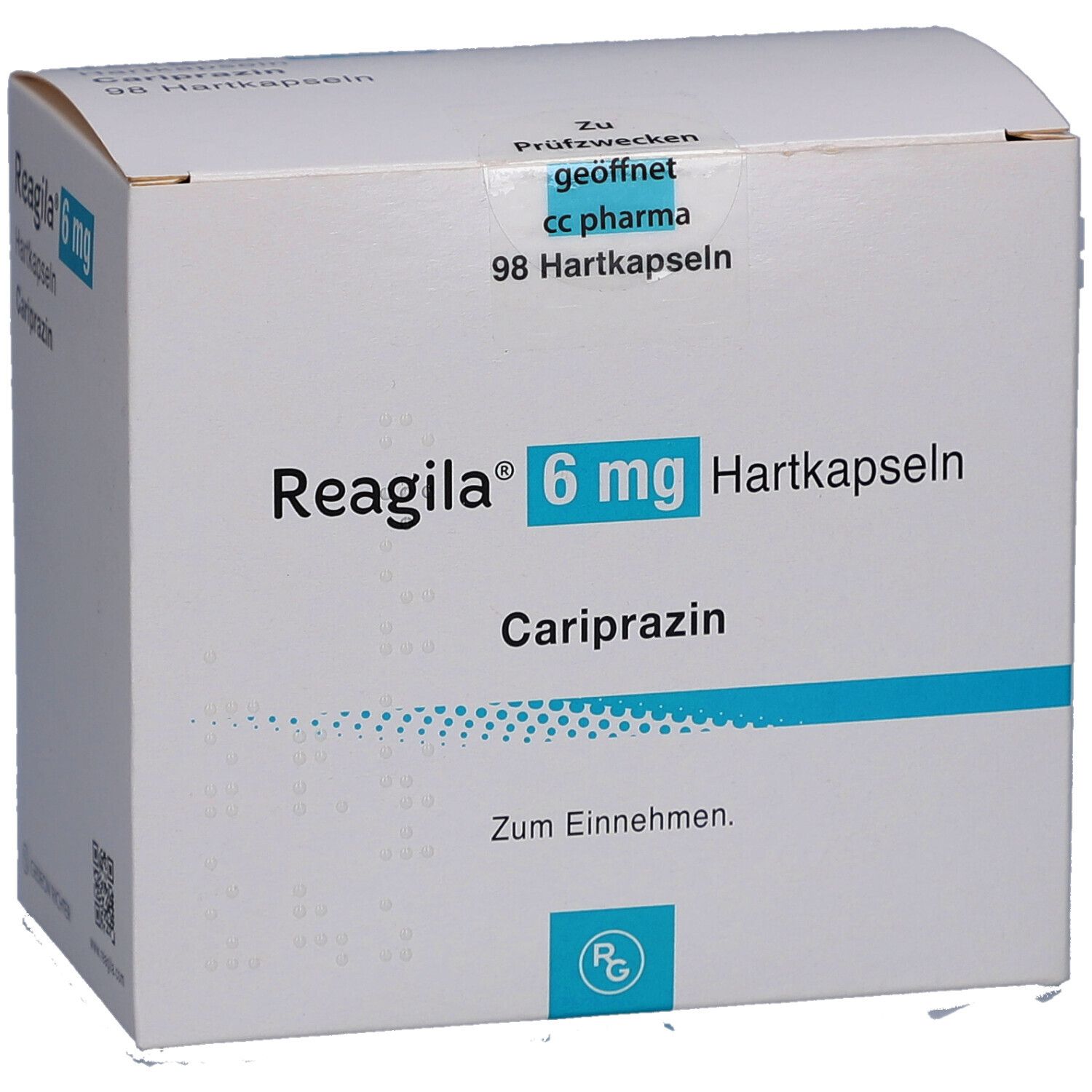 Weiße Faltschachtel mit "Reagila 6 mg Hartkapseln". Text: Cariprazin, Zum Einnehmen. 98 Hartkapseln.
