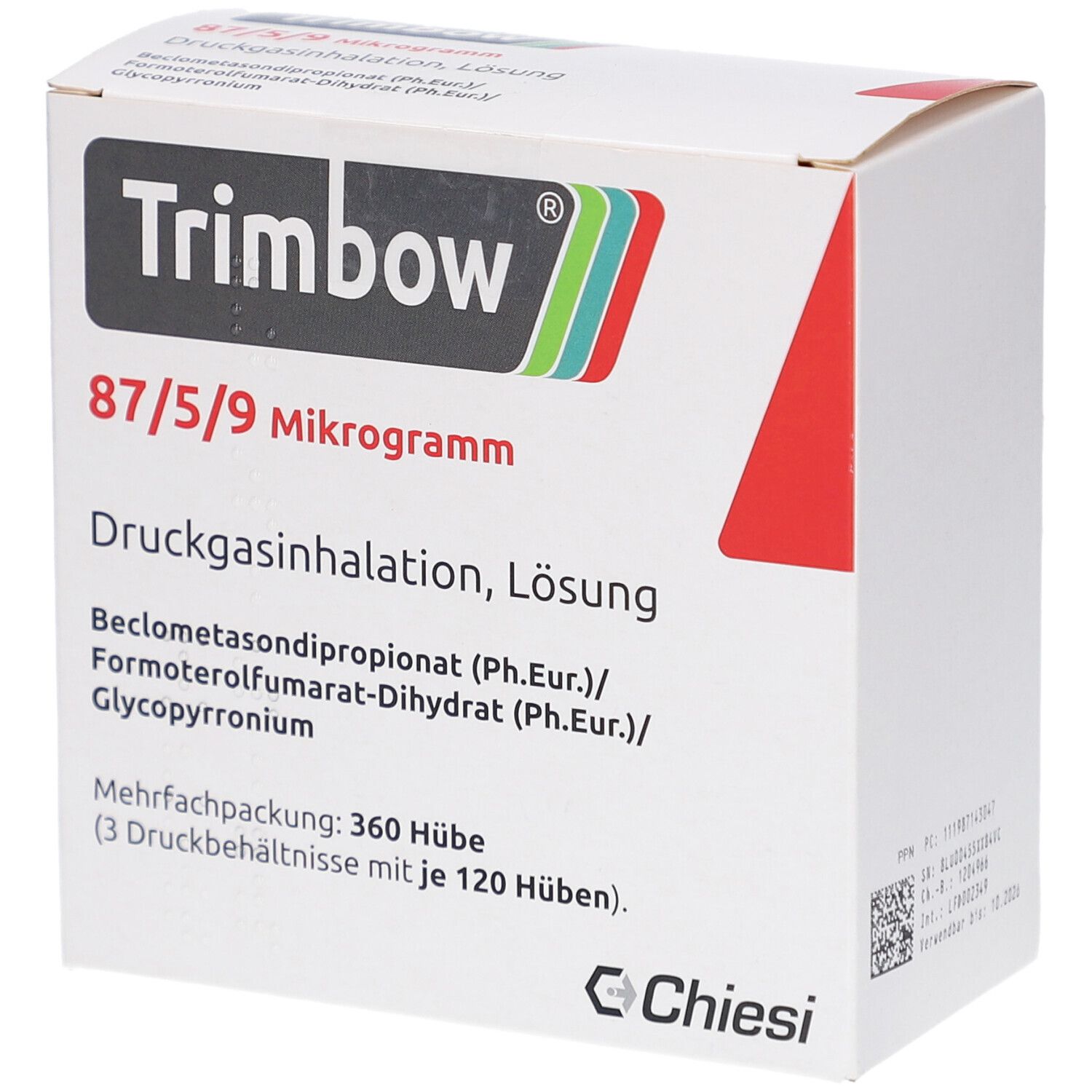 Weiße Faltschachtel. Aufdruck: Trimbow 87/5/9 Mikrogramm, Druckgasinhalation, Lösung. Hersteller Chiesi.