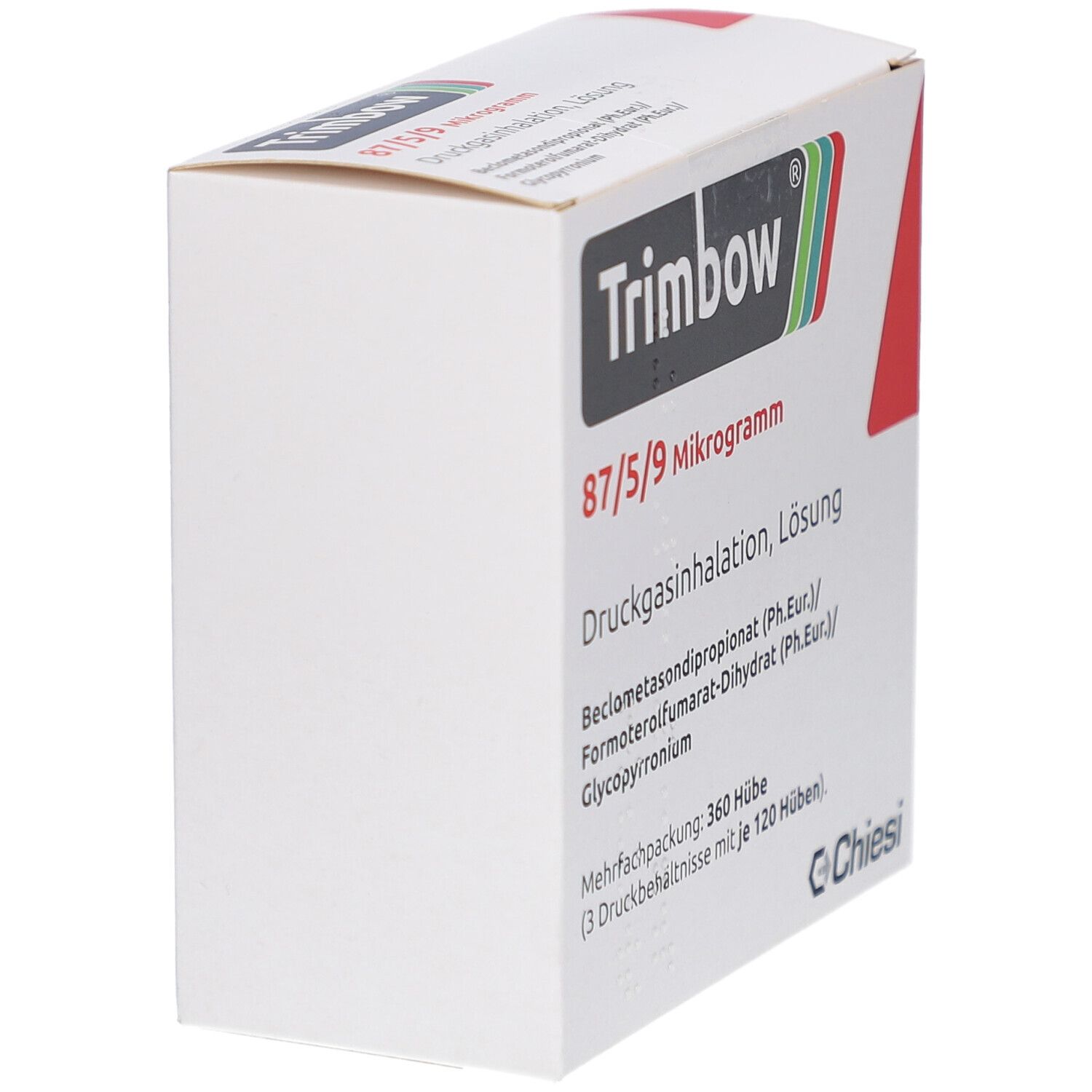 Weiße Faltschachtel. Aufdruck: Trimbow 87/5/9 Mikrogramm. Hersteller Chiesi. Rote Ecke.