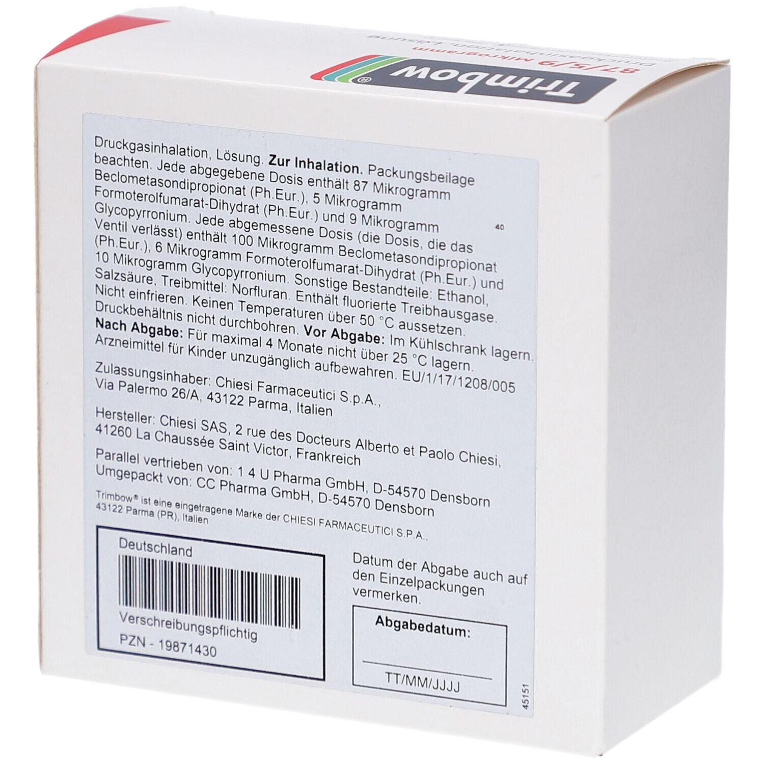 Weiße Faltschachtel. Rückseite mit Text. Hersteller Chiesi. Barcode und PZN-Nummer.