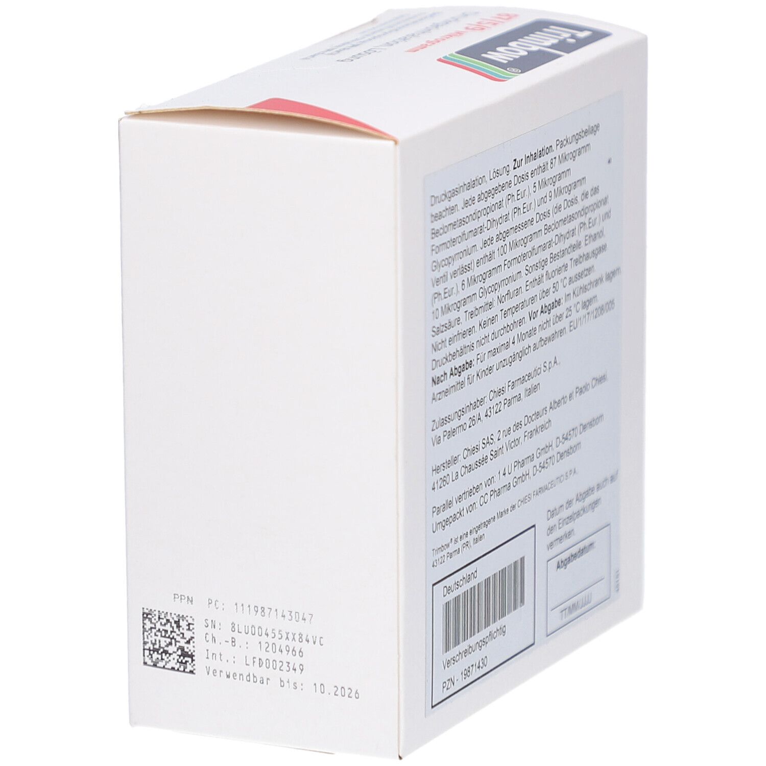 Weiße Faltschachtel. Rückseite mit Text. Barcode und PZN-Nummer. Hersteller Chiesi.