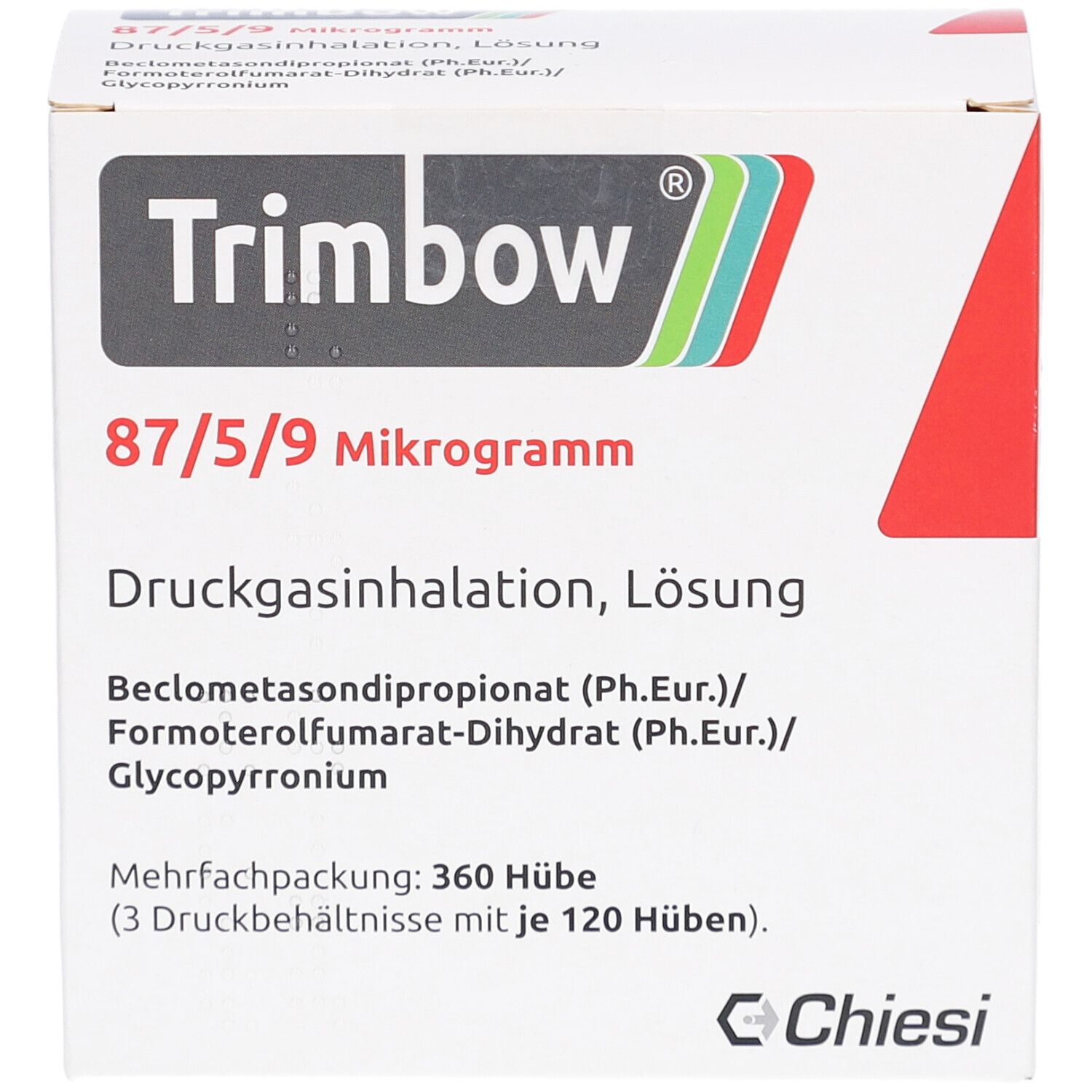 Weiße Faltschachtel. Aufdruck: Trimbow 87/5/9 Mikrogramm, Druckgasinhalation, Lösung. Hersteller Chiesi.